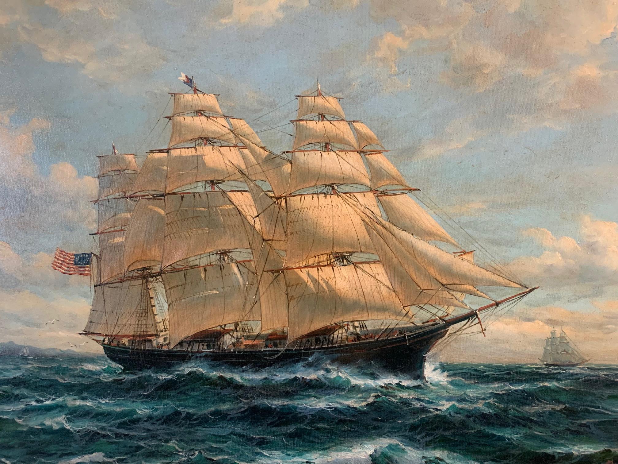 An exciting nautical painting of an impressive multi sailed vintage ship in rough seas by Robert Sanders, 
a listed 20th century American Nautical artist.

Measures: Framed 35” H x 47” W x 4” D
Canvas 24” H x 36” W.
