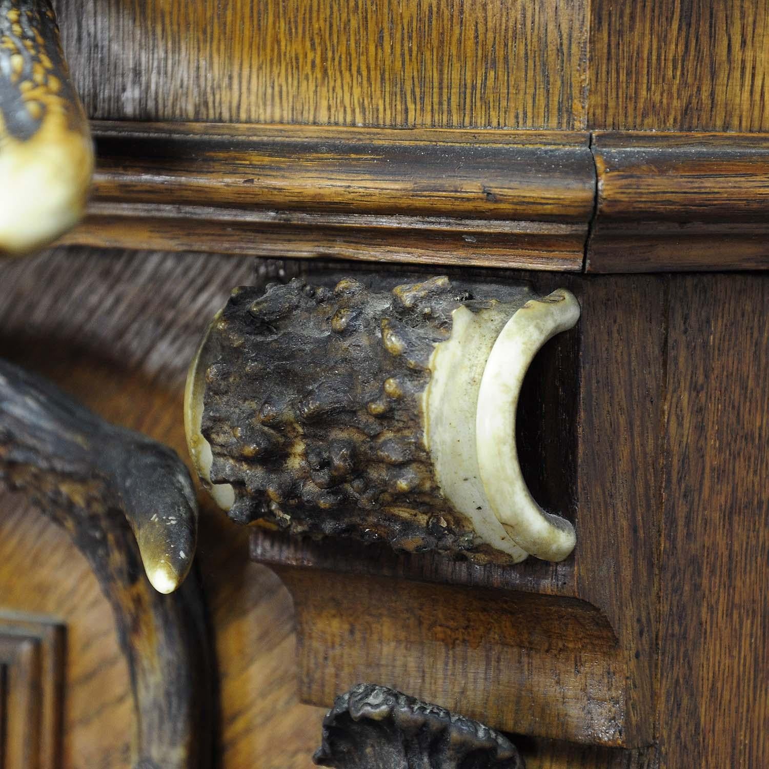 Fantastic Oak Wood Gun Cabinet with Horn Decoration ca. 1900 For Sale 2