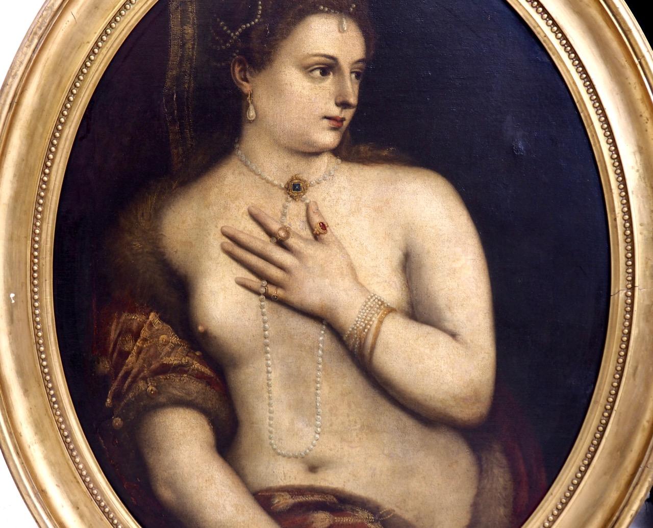 Fantastisches Altmeistergemälde eines Frauenakts mit Perlen, vermutlich italienisch, um 1680 - 1710.
Maße: H. 90 B. 74 cm
H. 35,4 B. 29,1 Zoll.