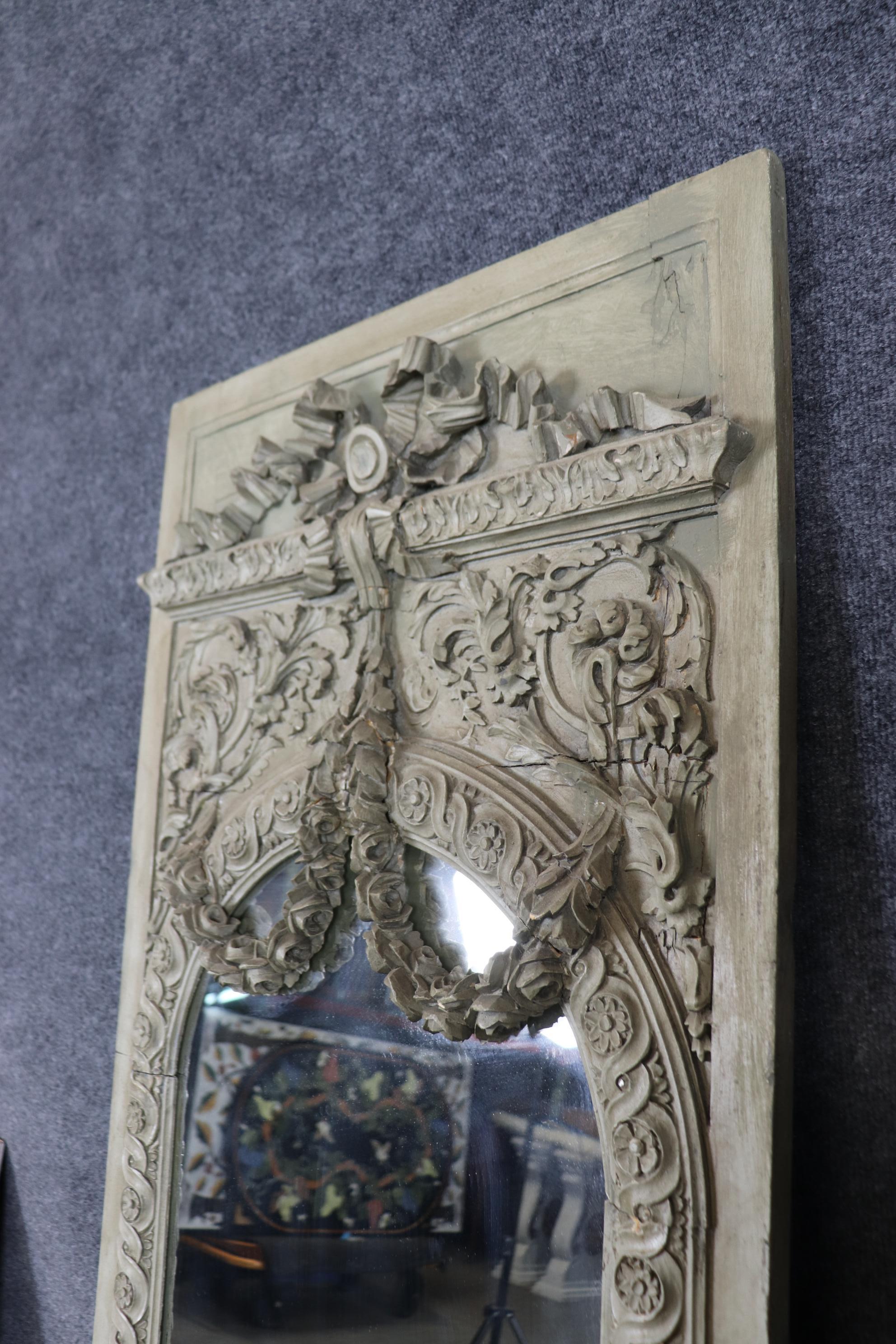 Louis XV Fantastic Original Gray Painted Carved French Trumeau Wall Mirror 1870s Era For Sale