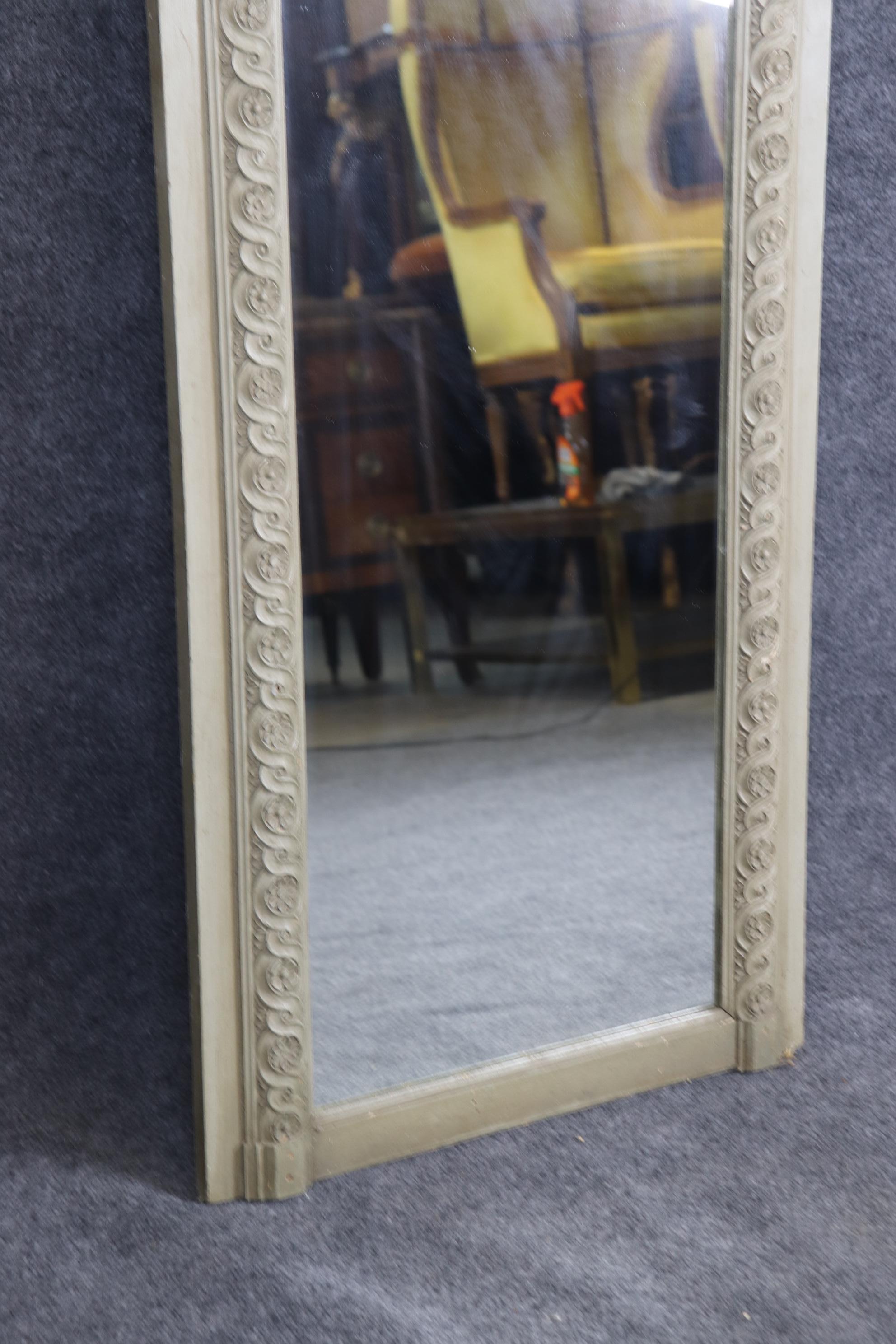 Fantastic Original Gray Painted Carved French Trumeau Wall Mirror 1870s Era In Good Condition For Sale In Swedesboro, NJ