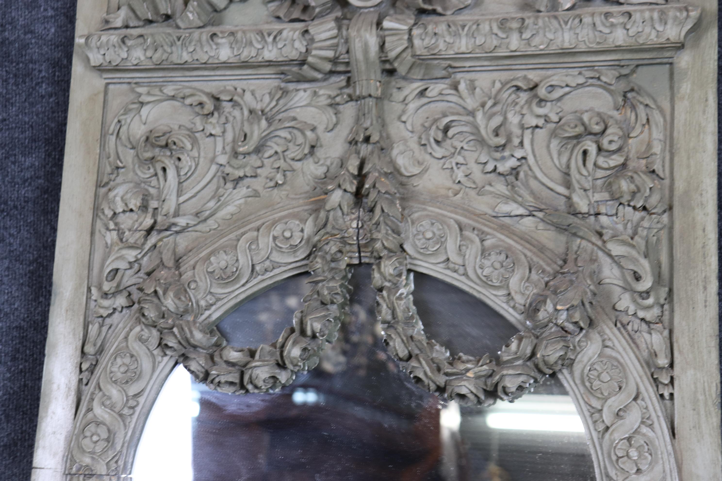 Walnut Fantastic Original Gray Painted Carved French Trumeau Wall Mirror 1870s Era For Sale