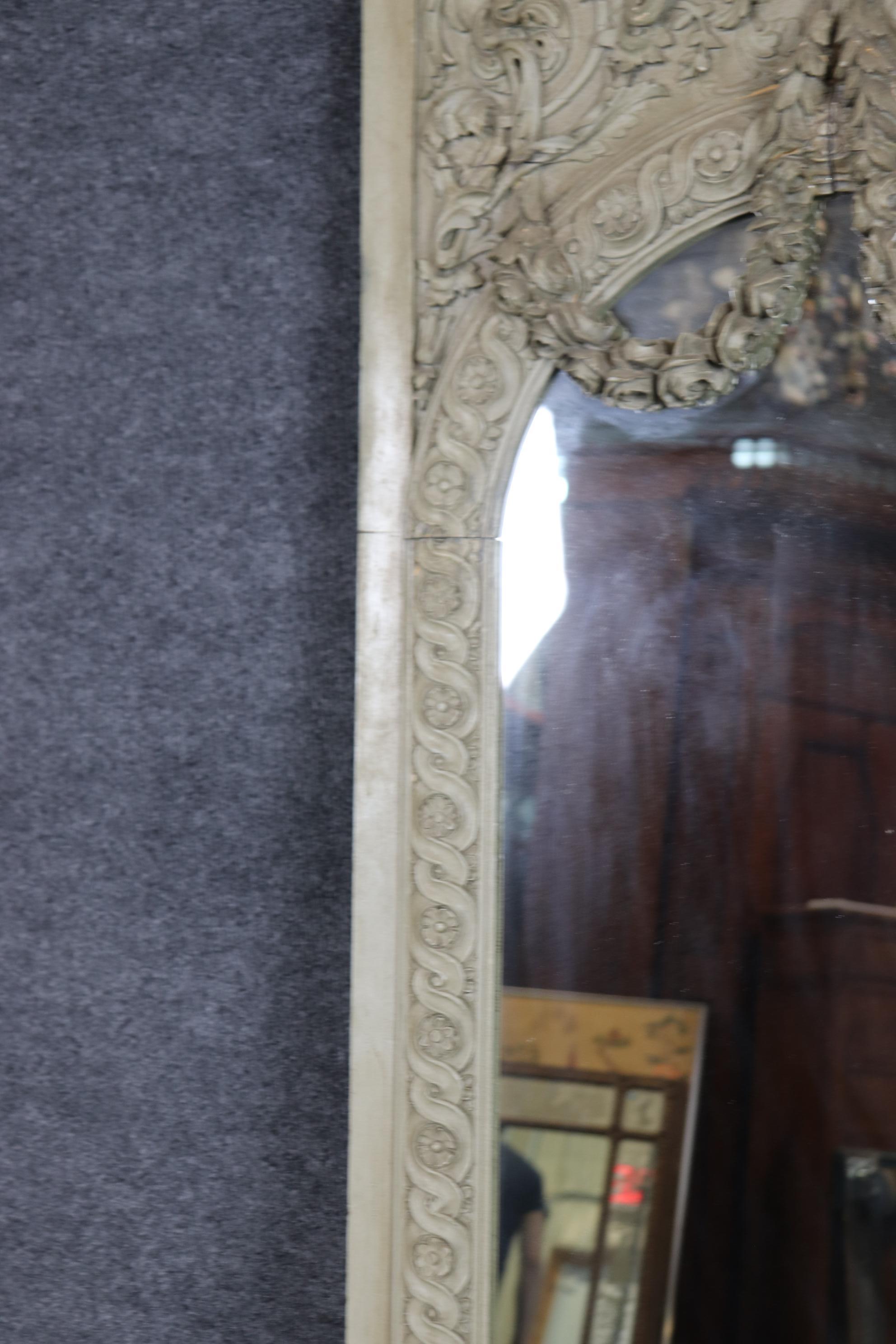 Fantastic Original Gray Painted Carved French Trumeau Wall Mirror 1870s Era For Sale 2