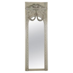 Fantastic Original Gray Painted Carved French Trumeau Wall Mirror 1870s Era