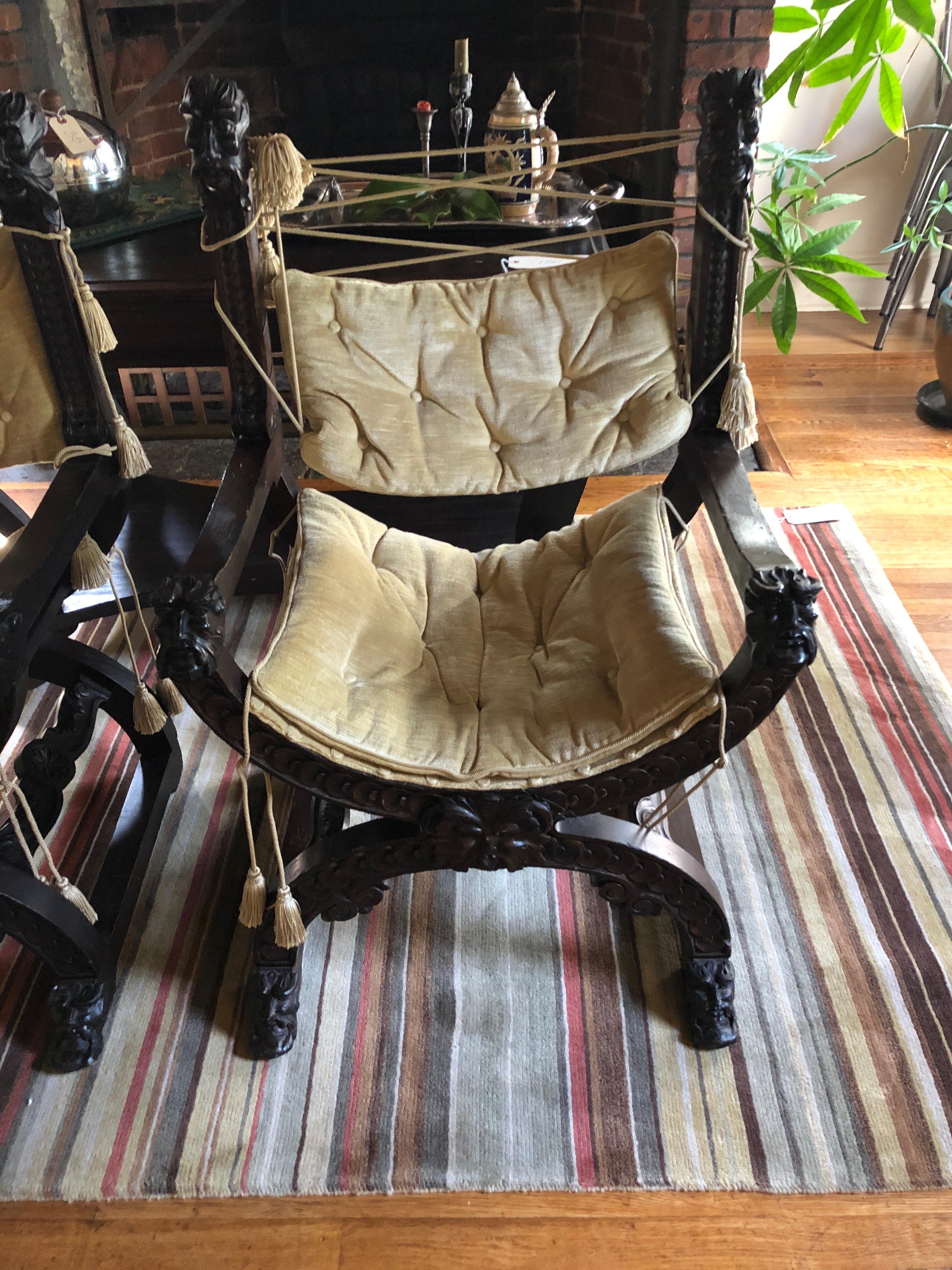 Renaissance Fantastic Ornately Carved Pair of Savaranola Club Chairs Armchairs
