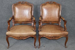 Fantastic Pair Leather Vintage French Louis XV Carved Oak Armchairs Circa 1920