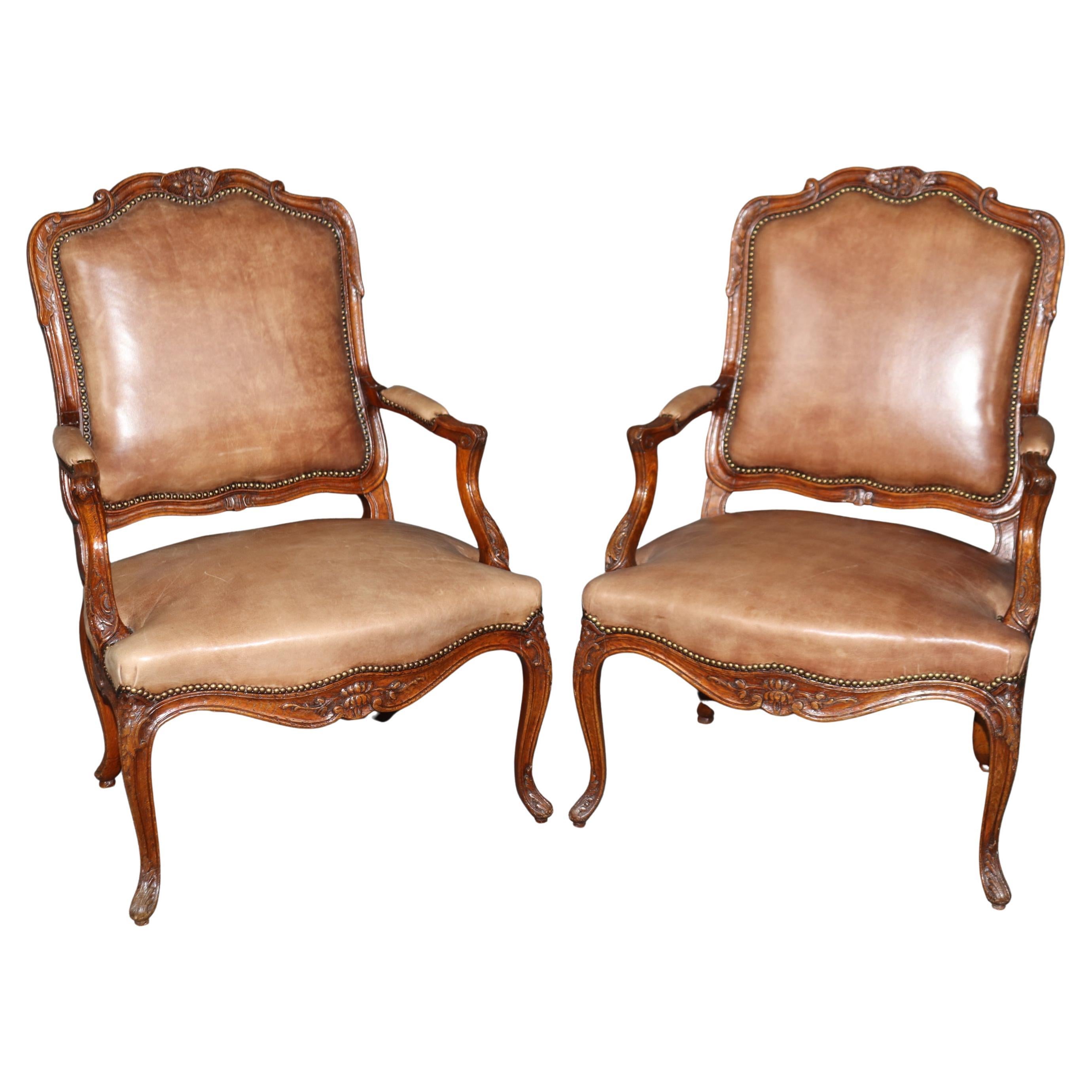 Fantastic Pair Leather Vintage French Louis XV Carved Oak Armchairs Circa 1920