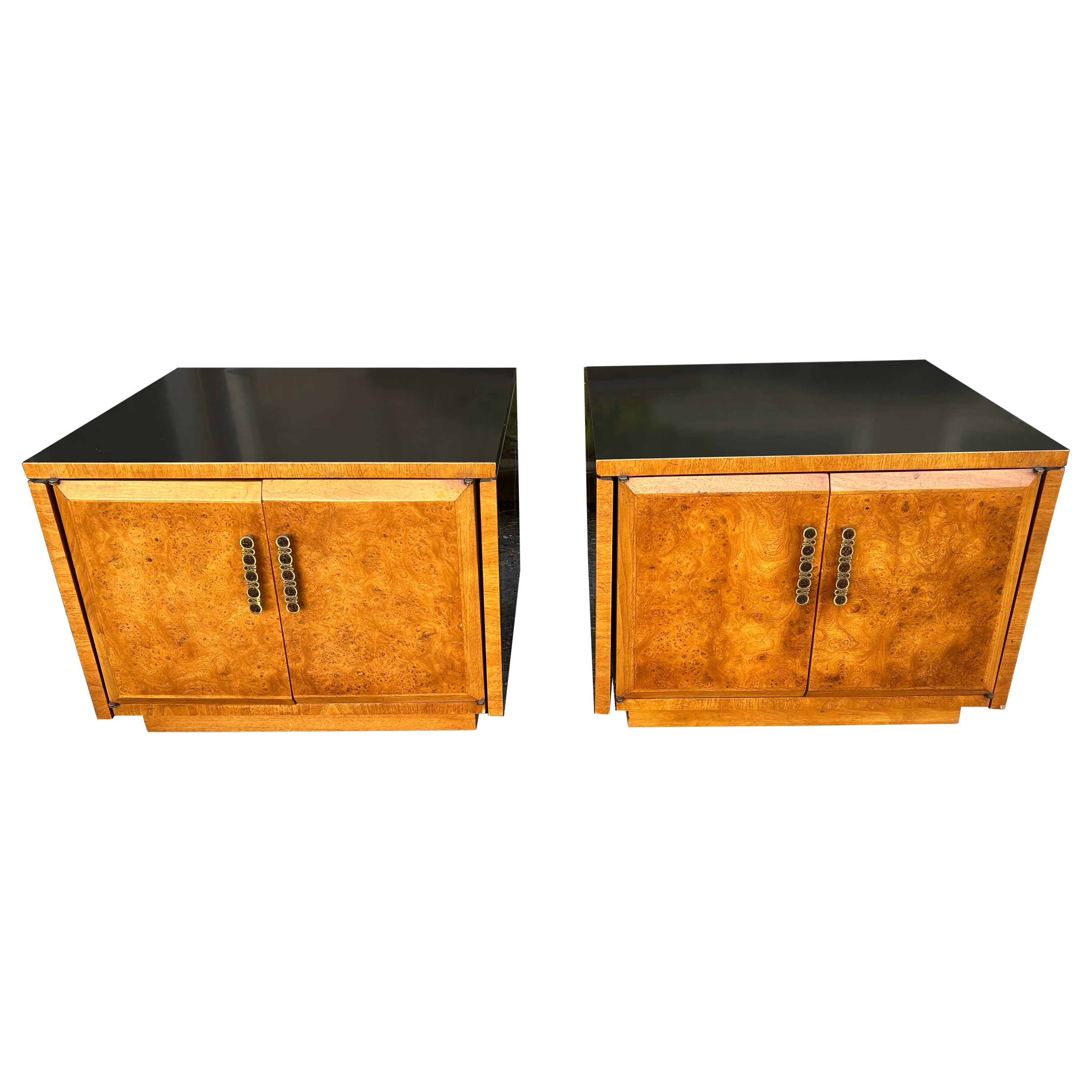 Fantastic Pair Burl Wood Heritage Rolling End Tables Flip Top Mid-Century Modern For Sale