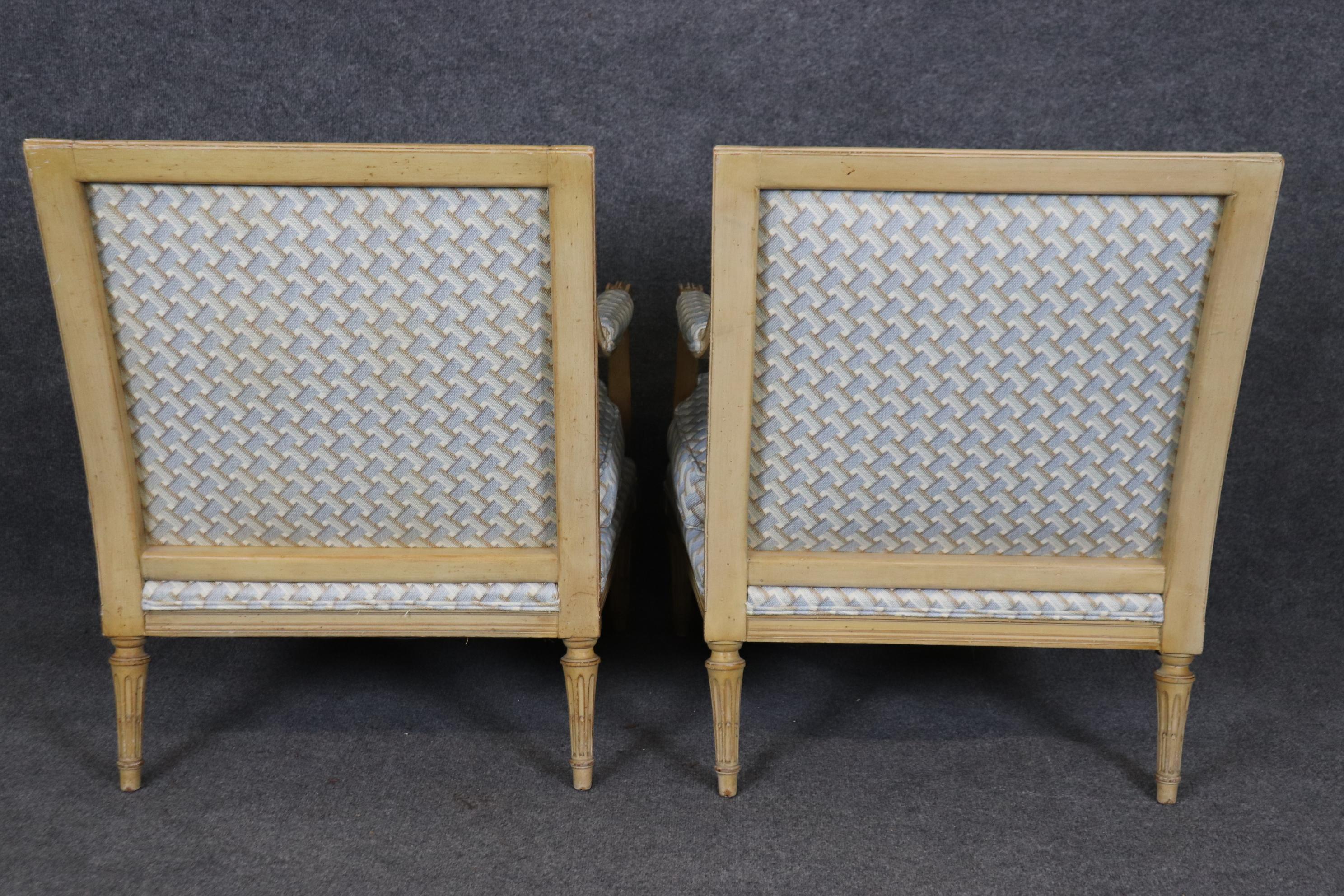 Fantastic Pair Carved Beech Wood French Louis XVI Directoire Bergere Chairs In Good Condition For Sale In Swedesboro, NJ