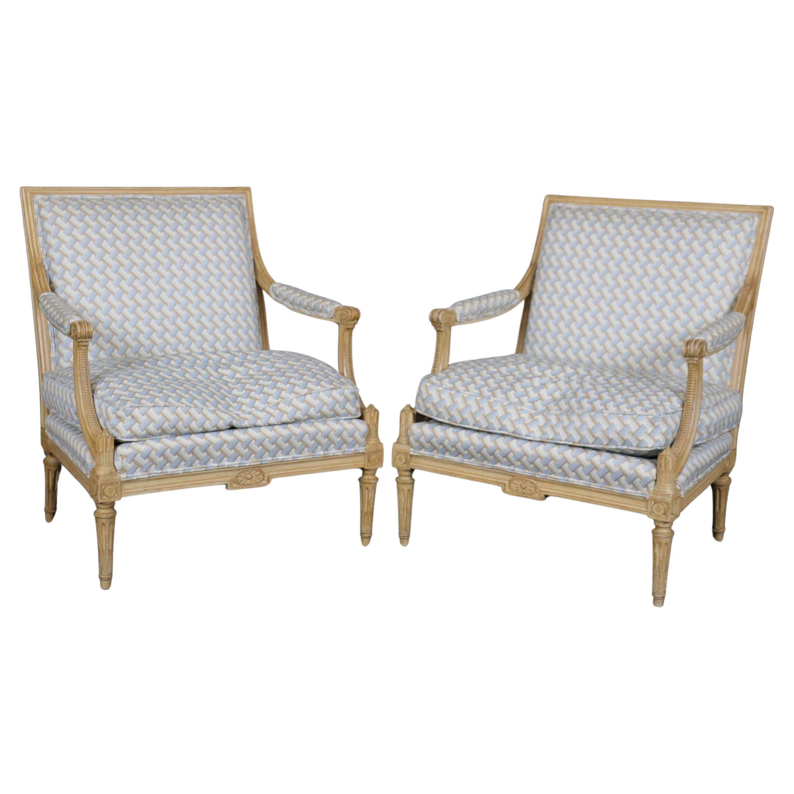 Fantastic Pair Carved Beech Wood French Louis XVI Directoire Bergere Chairs For Sale