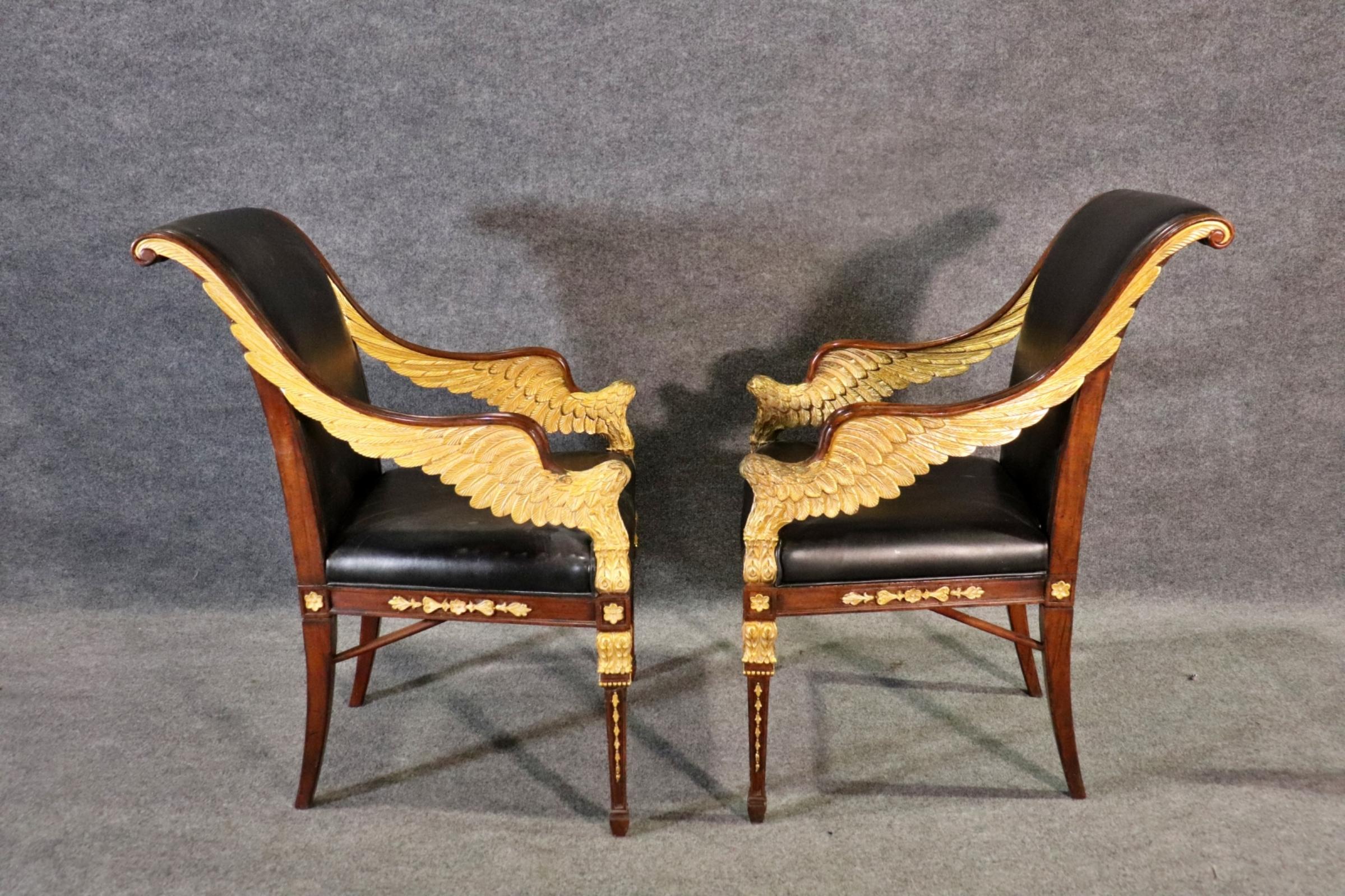 Fantastic Pair Carved Giltwood Jonathan Charles Empire Angel Wing Leather Chairs 3