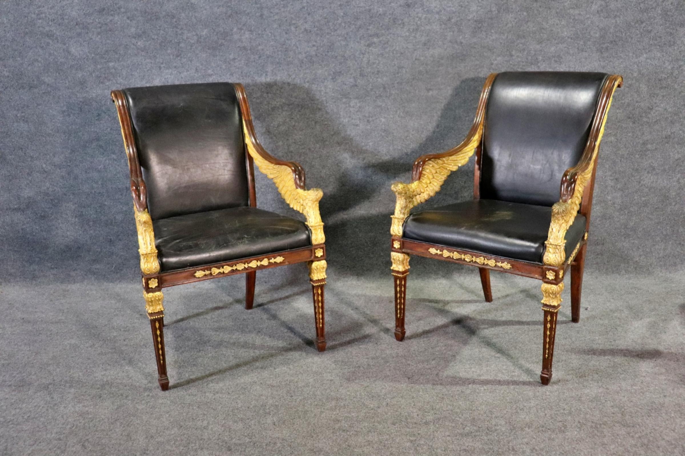 Fantastic Pair Carved Giltwood Jonathan Charles Empire Angel Wing Leather Chairs 4