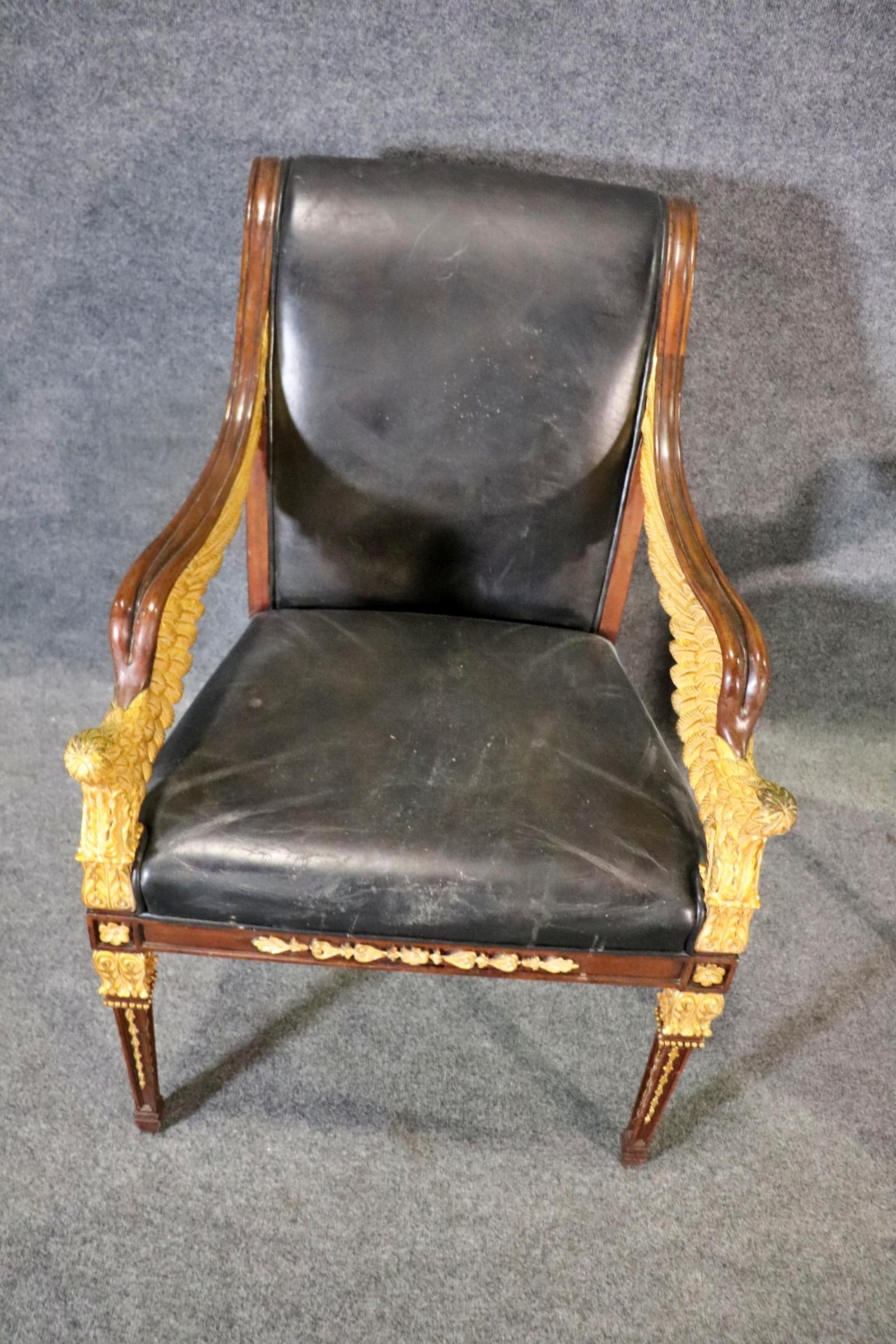 Empire Revival Fantastic Pair Carved Giltwood Jonathan Charles Empire Angel Wing Leather Chairs