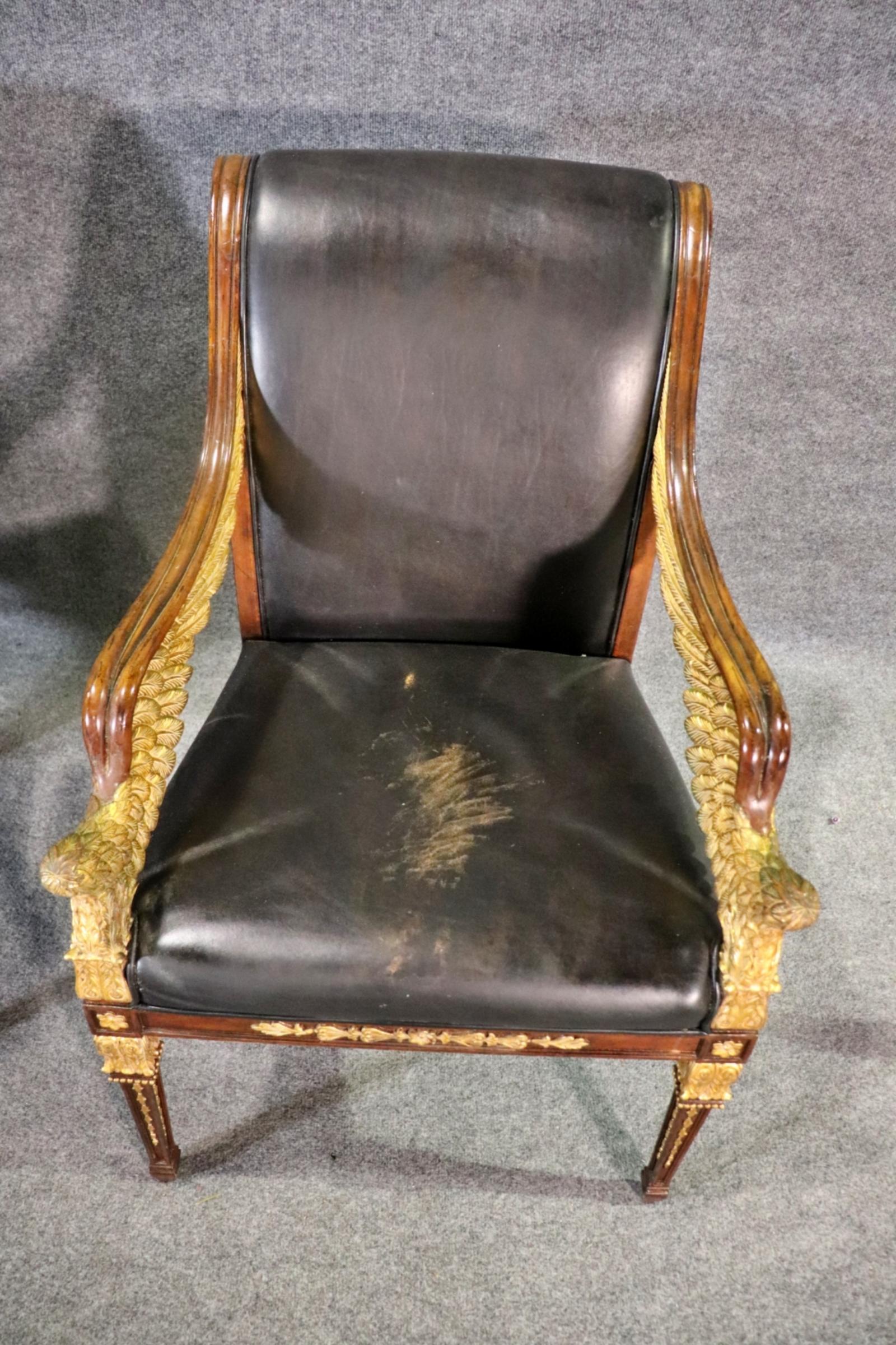 Vietnamese Fantastic Pair Carved Giltwood Jonathan Charles Empire Angel Wing Leather Chairs