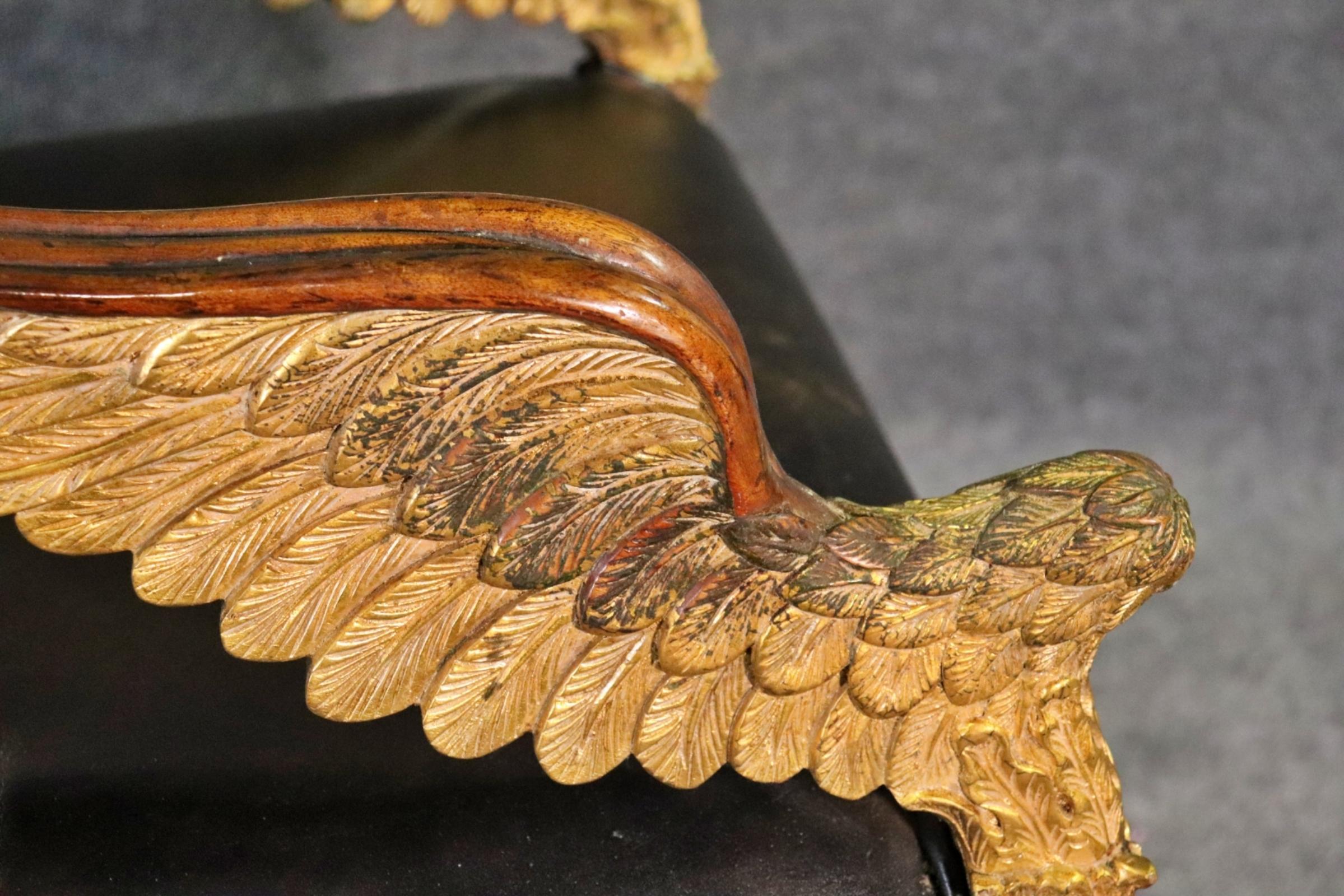 Fantastic Pair Carved Giltwood Jonathan Charles Empire Angel Wing Leather Chairs In Good Condition In Swedesboro, NJ
