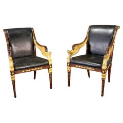 Fantastic Pair Carved Giltwood Jonathan Charles Empire Angel Wing Leather Chairs