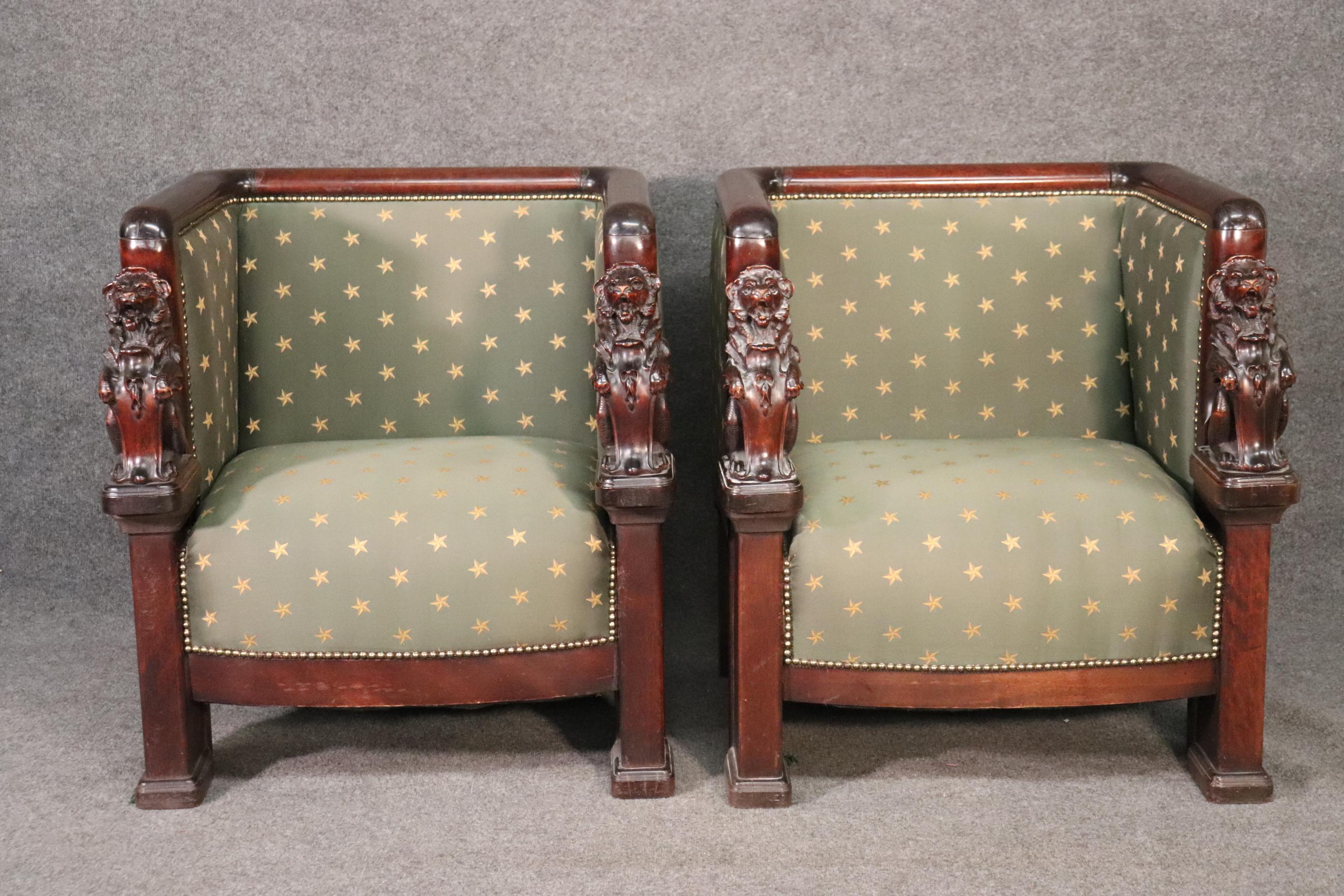 Empire Revival Fantastic Pair Carved Magogany Full Standing Lion French Empire Chairs