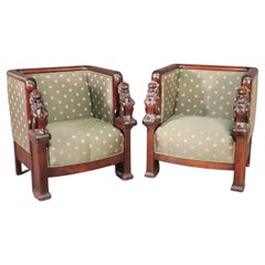 Fantastic Pair Carved Magogany Full Standing Lion French Empire Chairs