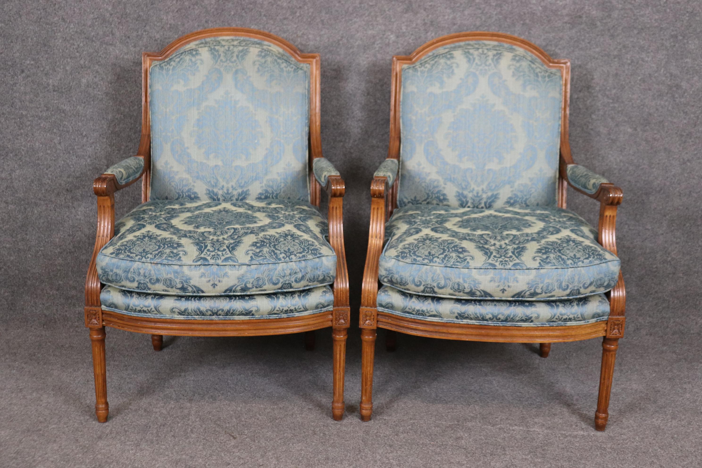 American Fantastic Pair Carved Walnut French Louis XVI Style Baker Bergere Chairs For Sale