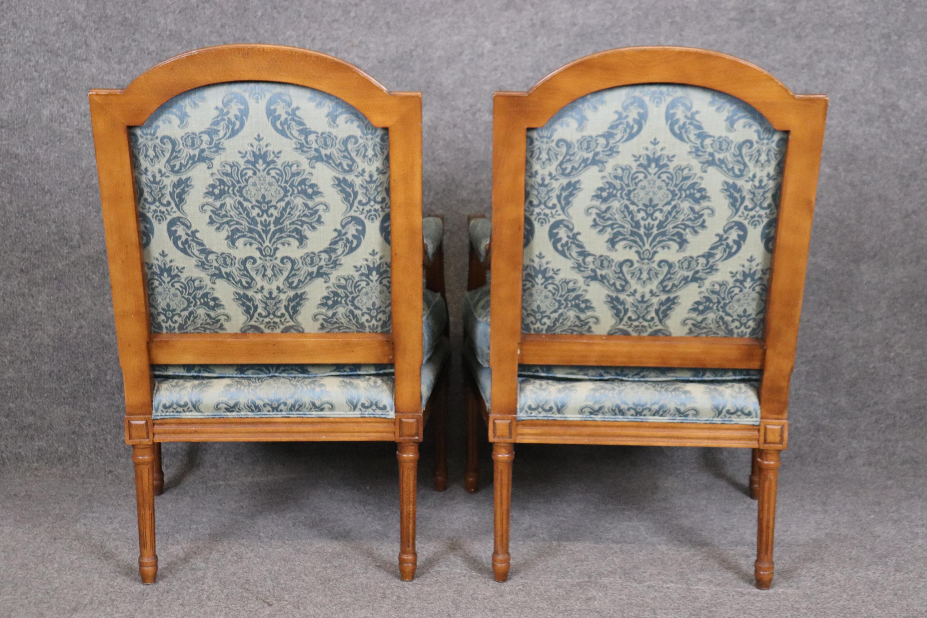 Late 20th Century Fantastic Pair Carved Walnut French Louis XVI Style Baker Bergere Chairs For Sale