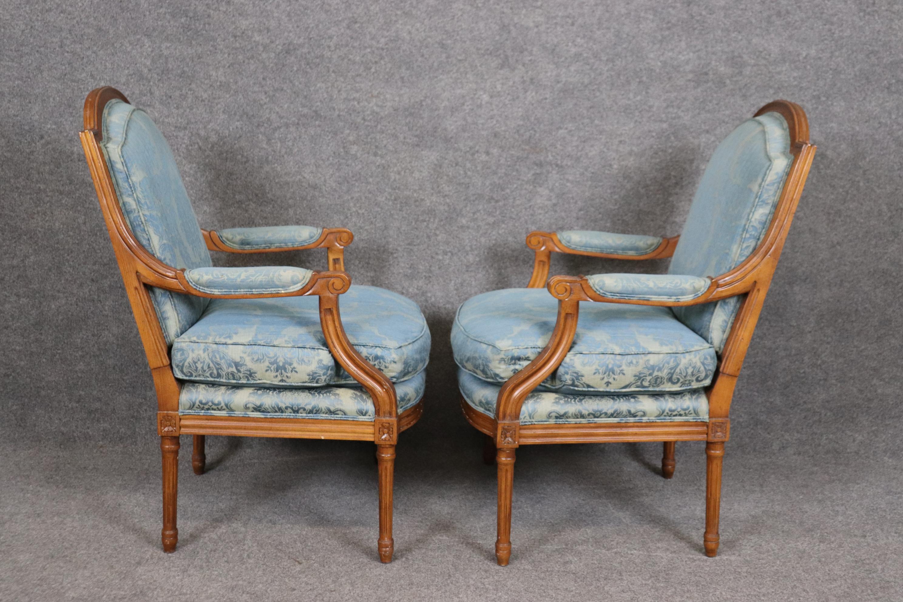 Fantastic Pair Carved Walnut French Louis XVI Style Baker Bergere Chairs For Sale 1