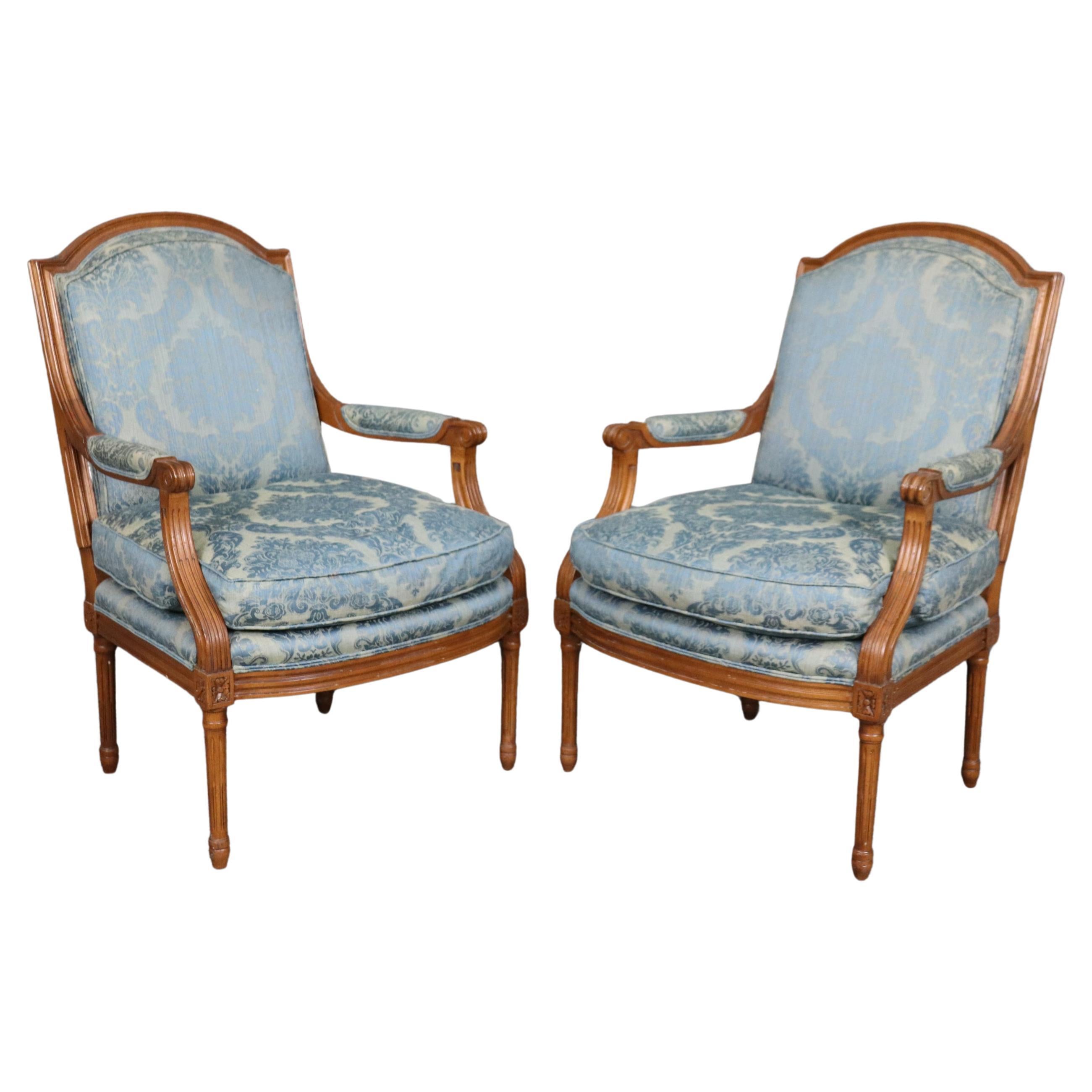 Fantastic Pair Carved Walnut French Louis XVI Style Baker Bergere Chairs For Sale