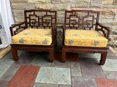 Fantastic Pair Chinoiserie Solid Rosewood Lounge Chairs Mid-Century