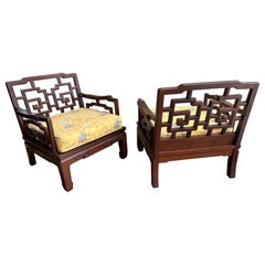 Fantastic Pair Chinoiserie Solid Rosewood Lounge Chairs Mid-Century