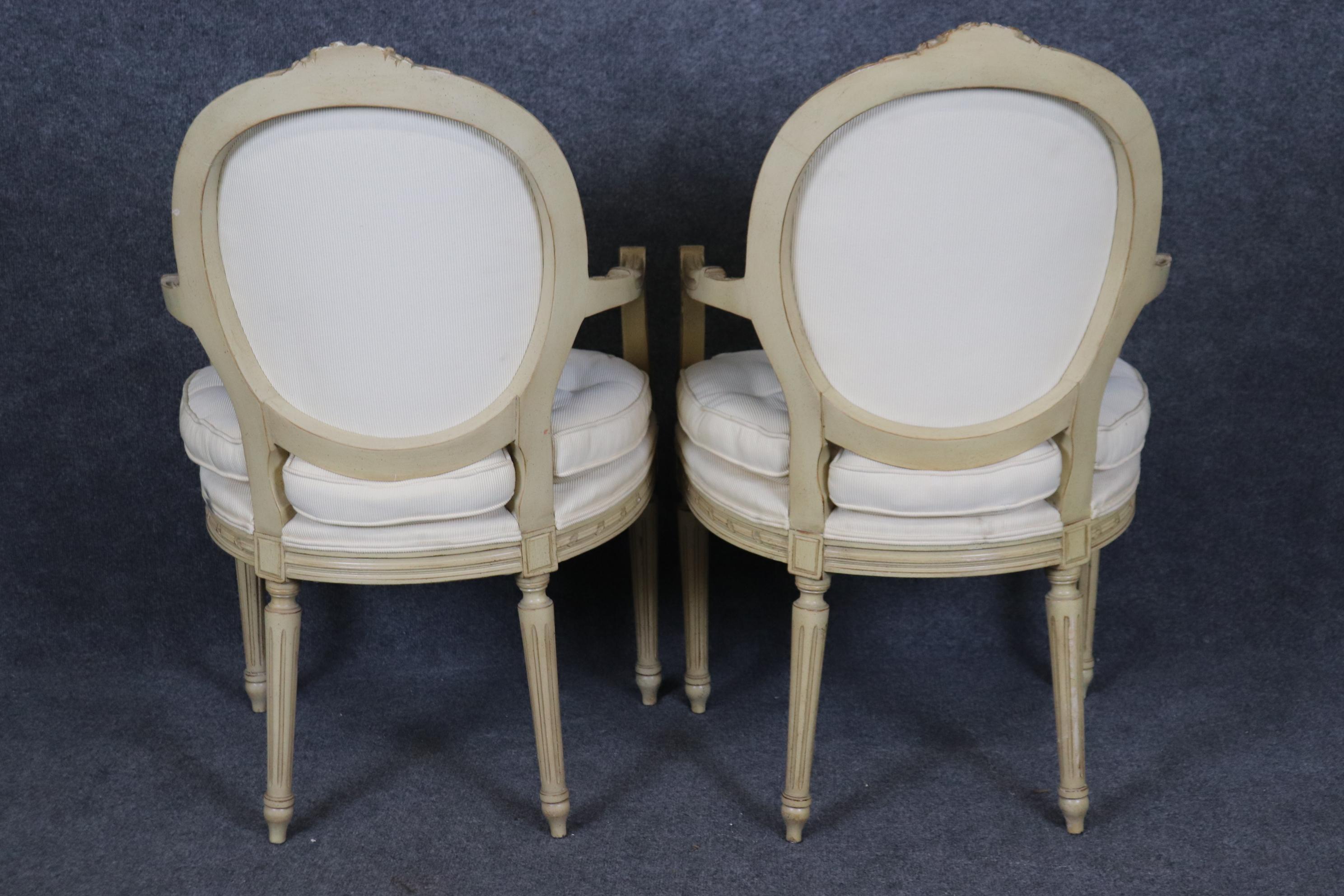 Fantastic Pair Distressed Creme Painted Hand-Carved French Louis XVI Armchairs In Good Condition For Sale In Swedesboro, NJ
