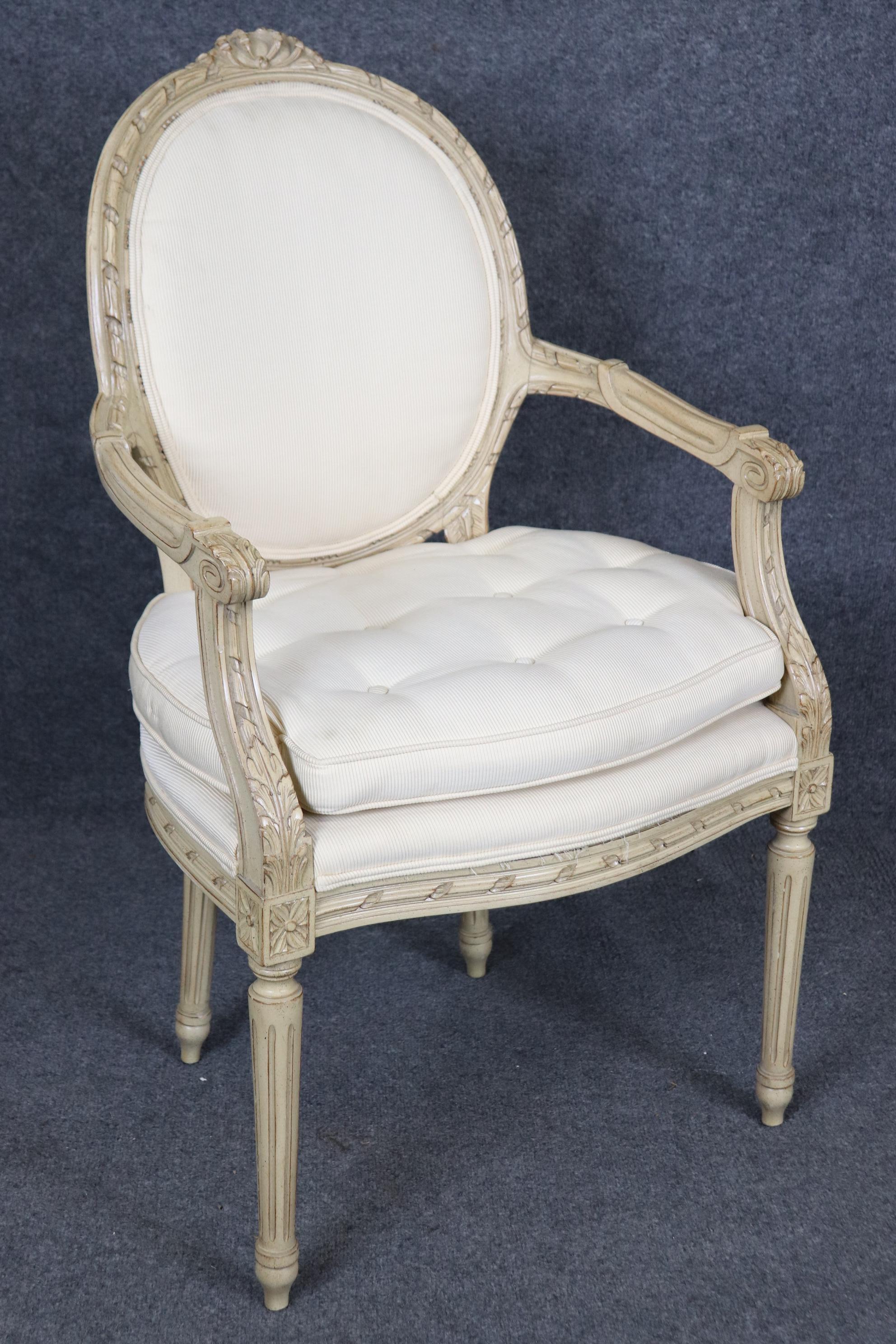 Beech Fantastic Pair Distressed Creme Painted Hand-Carved French Louis XVI Armchairs For Sale