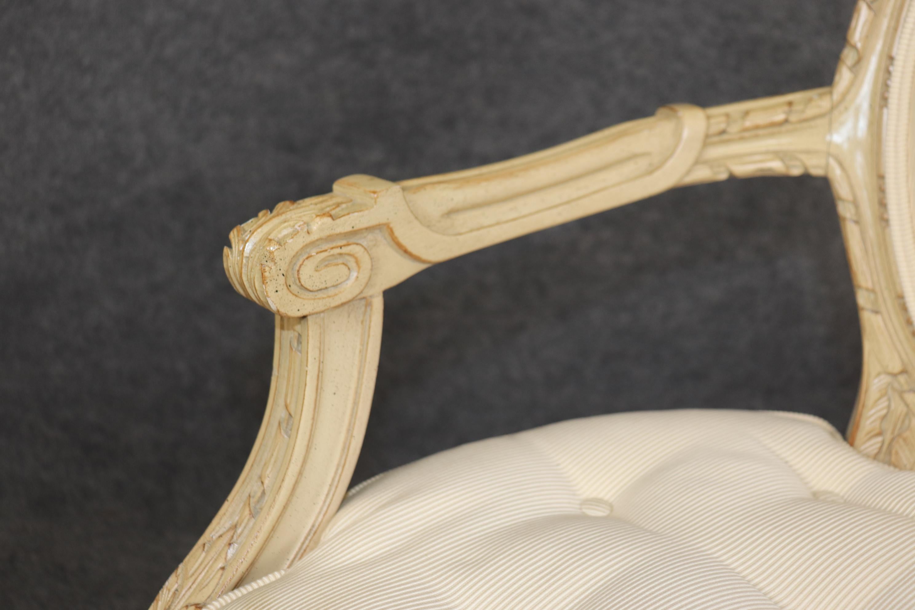 Fantastic Pair Distressed Creme Painted Hand-Carved French Louis XVI Armchairs For Sale 2
