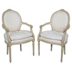 Vintage Fantastic Pair Distressed Creme Painted Hand-Carved French Louis XVI Armchairs