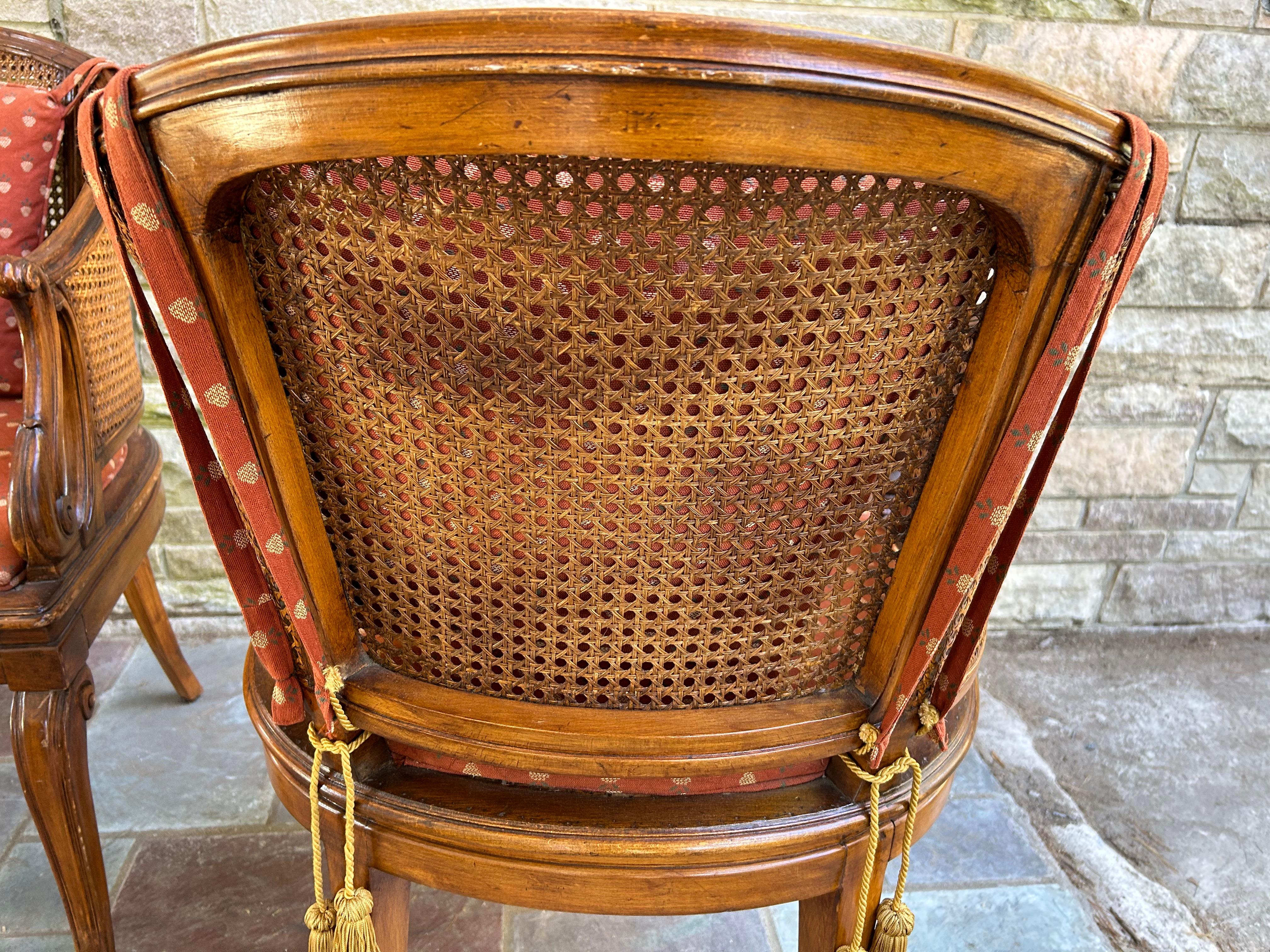 Fantastic Pair Hollywood Regency Caned Barrel Back Walnut Chairs Mid-century 12