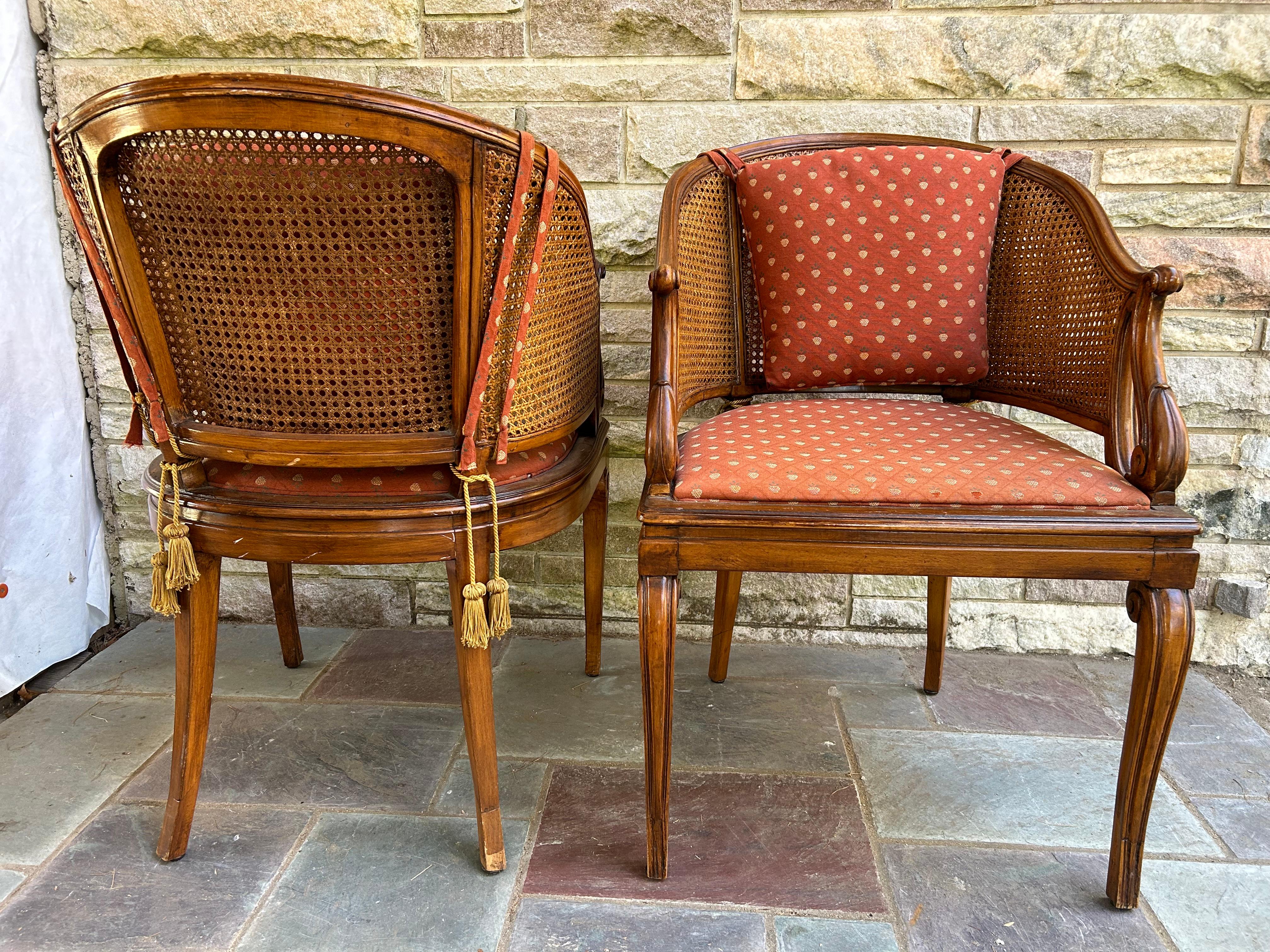 American Fantastic Pair Hollywood Regency Caned Barrel Back Walnut Chairs Mid-century