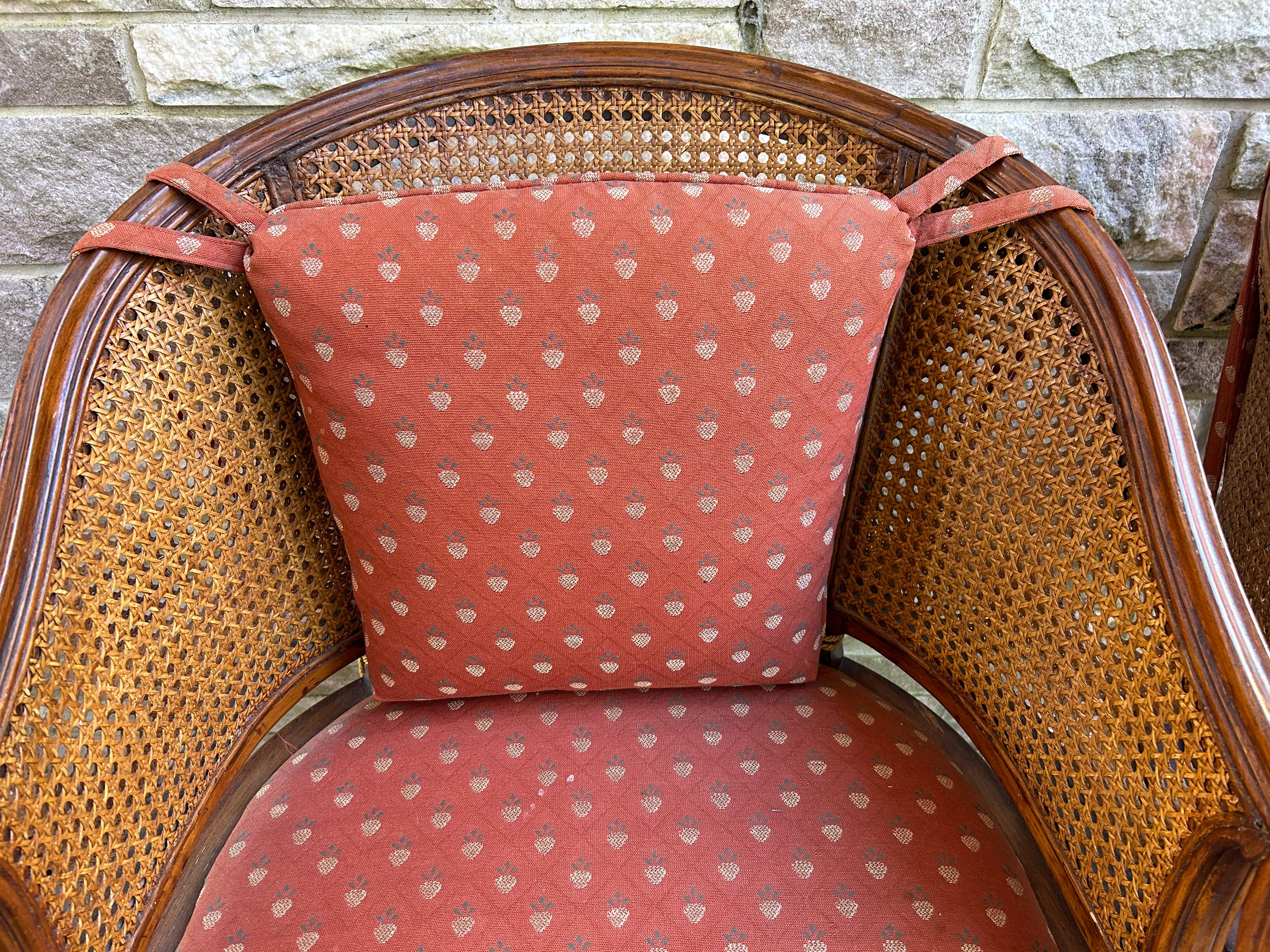 Upholstery Fantastic Pair Hollywood Regency Caned Barrel Back Walnut Chairs Mid-century