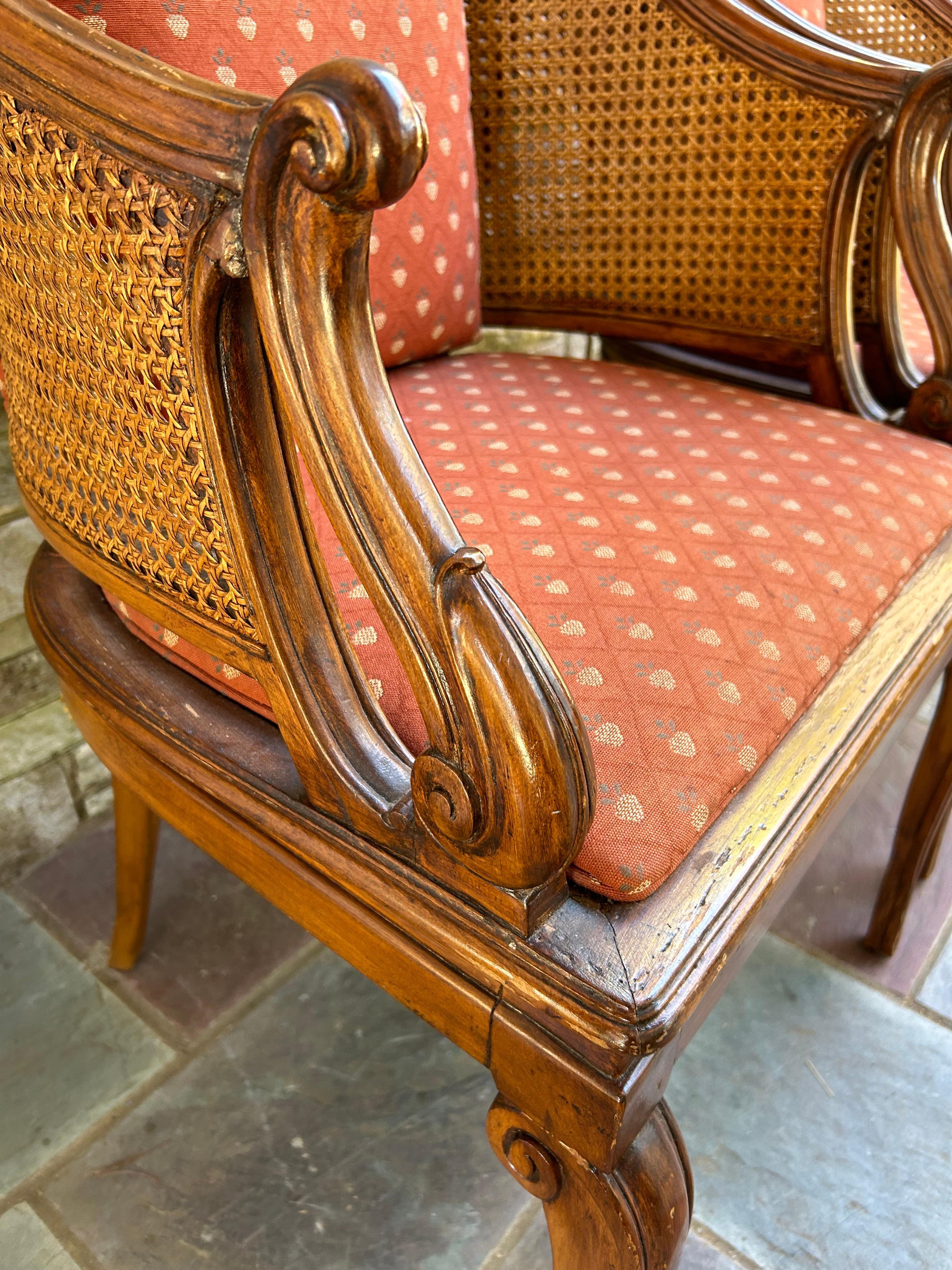 Fantastic Pair Hollywood Regency Caned Barrel Back Walnut Chairs Mid-century 1