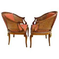 Fantastic Pair Hollywood Regency Caned Barrel Back Walnut Chairs Mid-century
