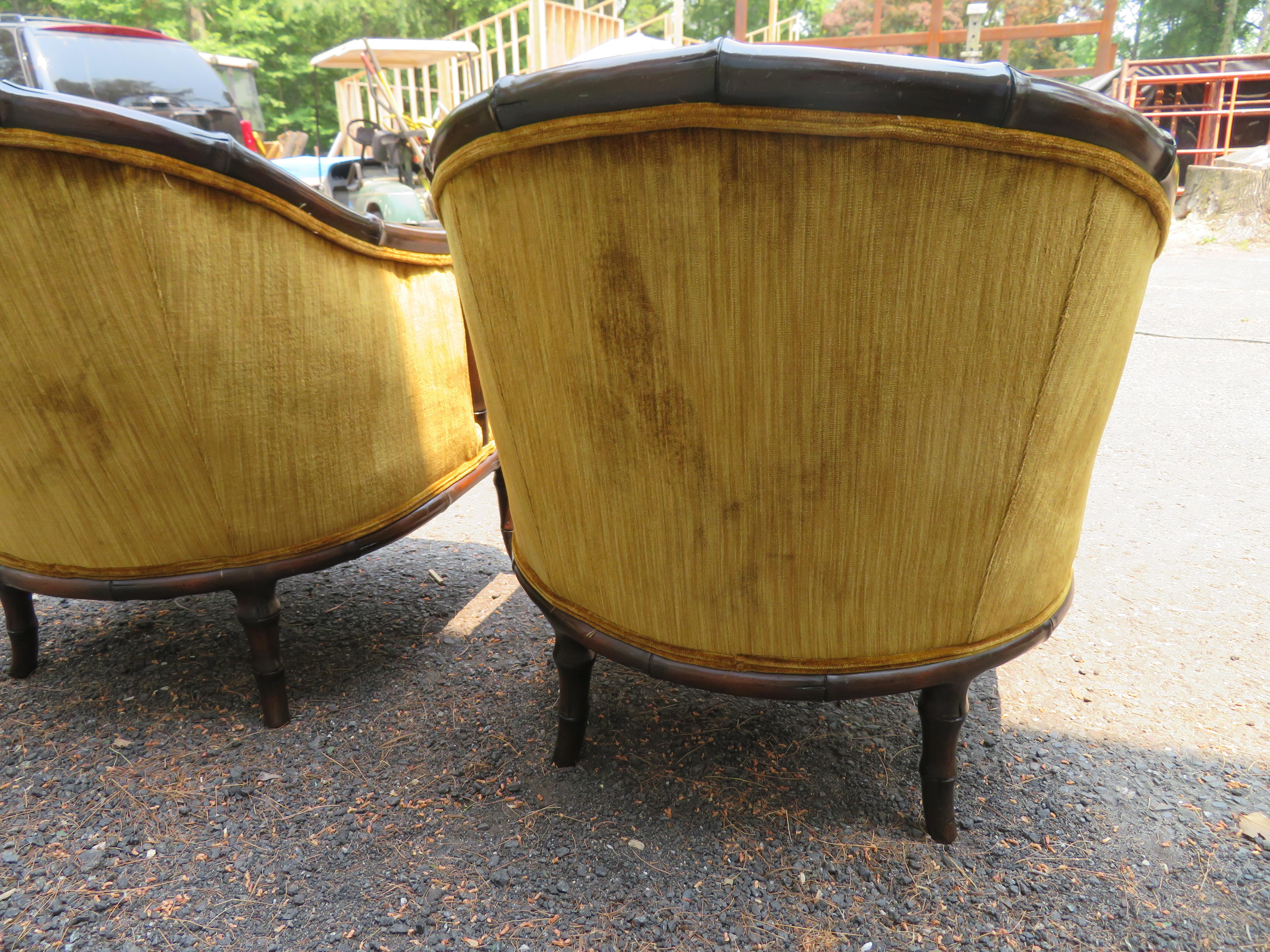 Fantastic Pair Hollywood Regency Faux Bamboo Barrel Back Arm Club Chairs In Good Condition For Sale In Pemberton, NJ