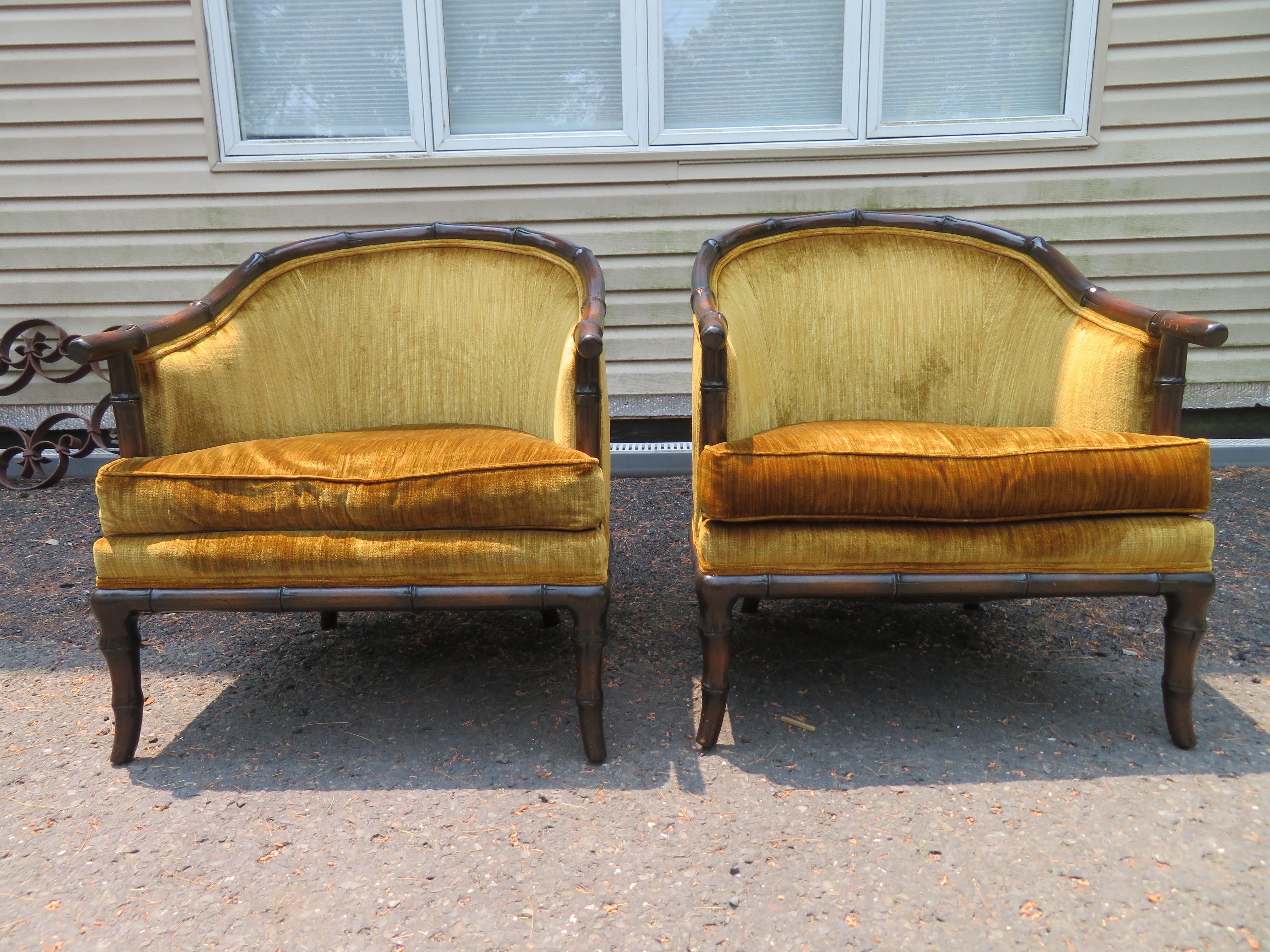 Mid-20th Century Fantastic Pair Hollywood Regency Faux Bamboo Barrel Back Arm Club Chairs For Sale