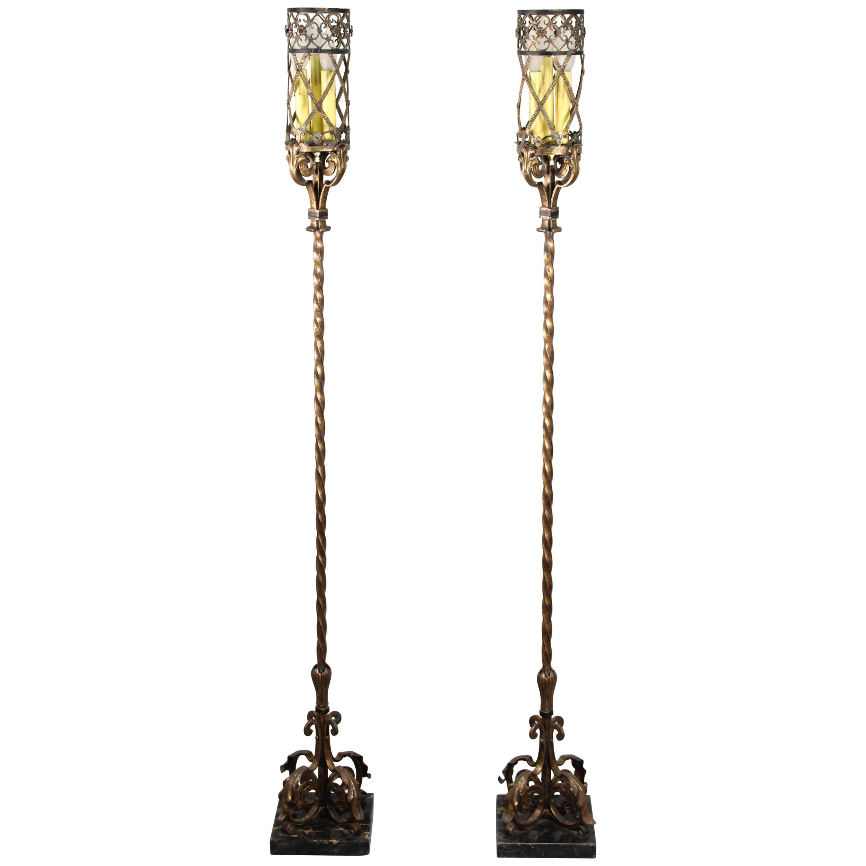 Fantastic Pair of 1920s Torchieres Floor Lamps with Quatrefoil Motif