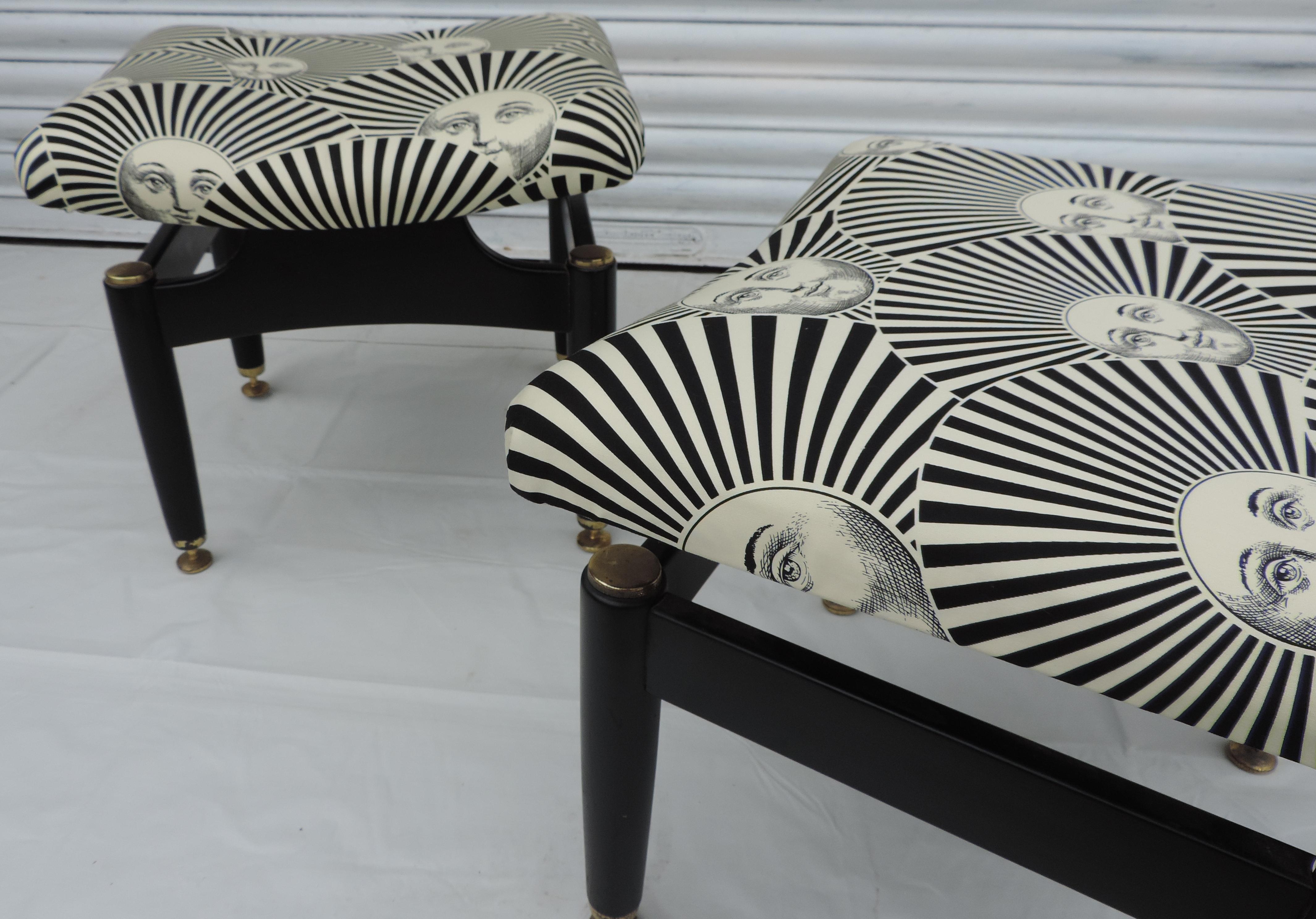 Fantastic pair of 1950s stools upholstered with vintage Fornasetti fabrics, 1950s.