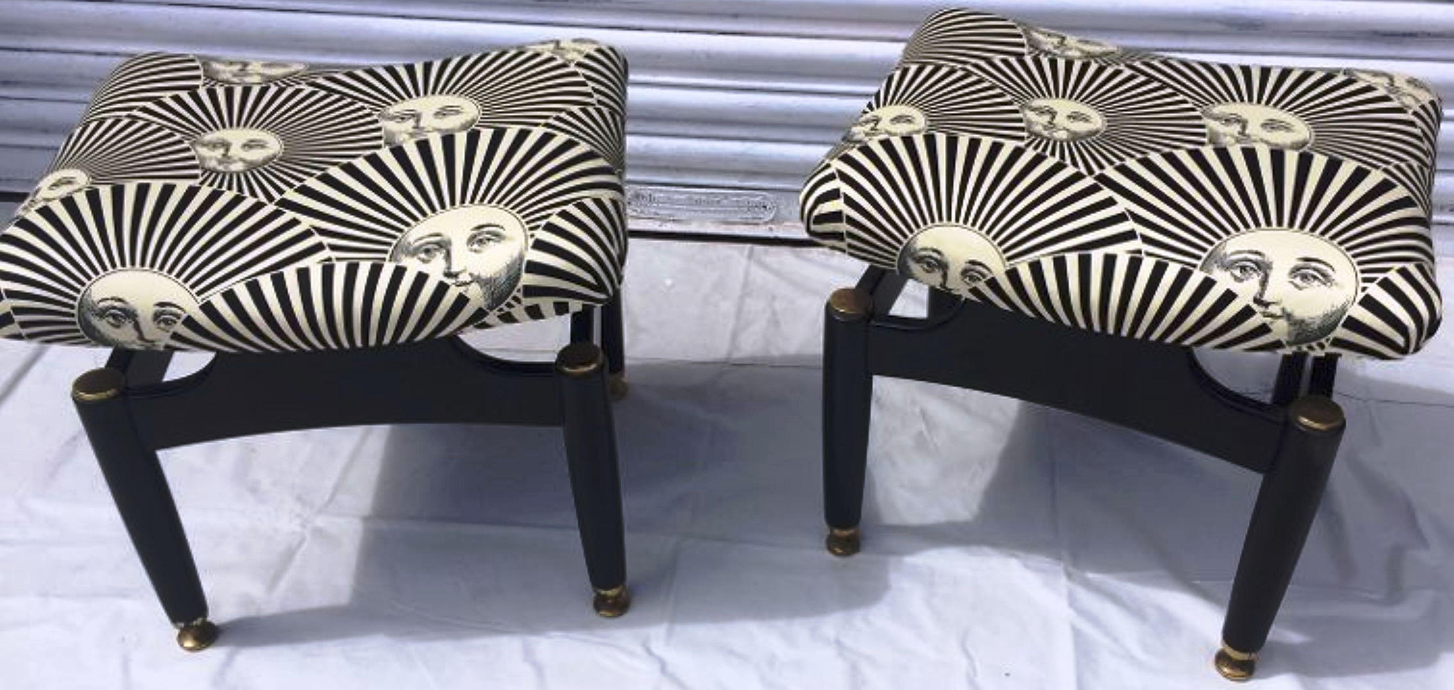 Fantastic Pair of 1950s Stools Upholstered with Vintage Fornasetti Fabrics In Excellent Condition In Saint-Ouen, FR