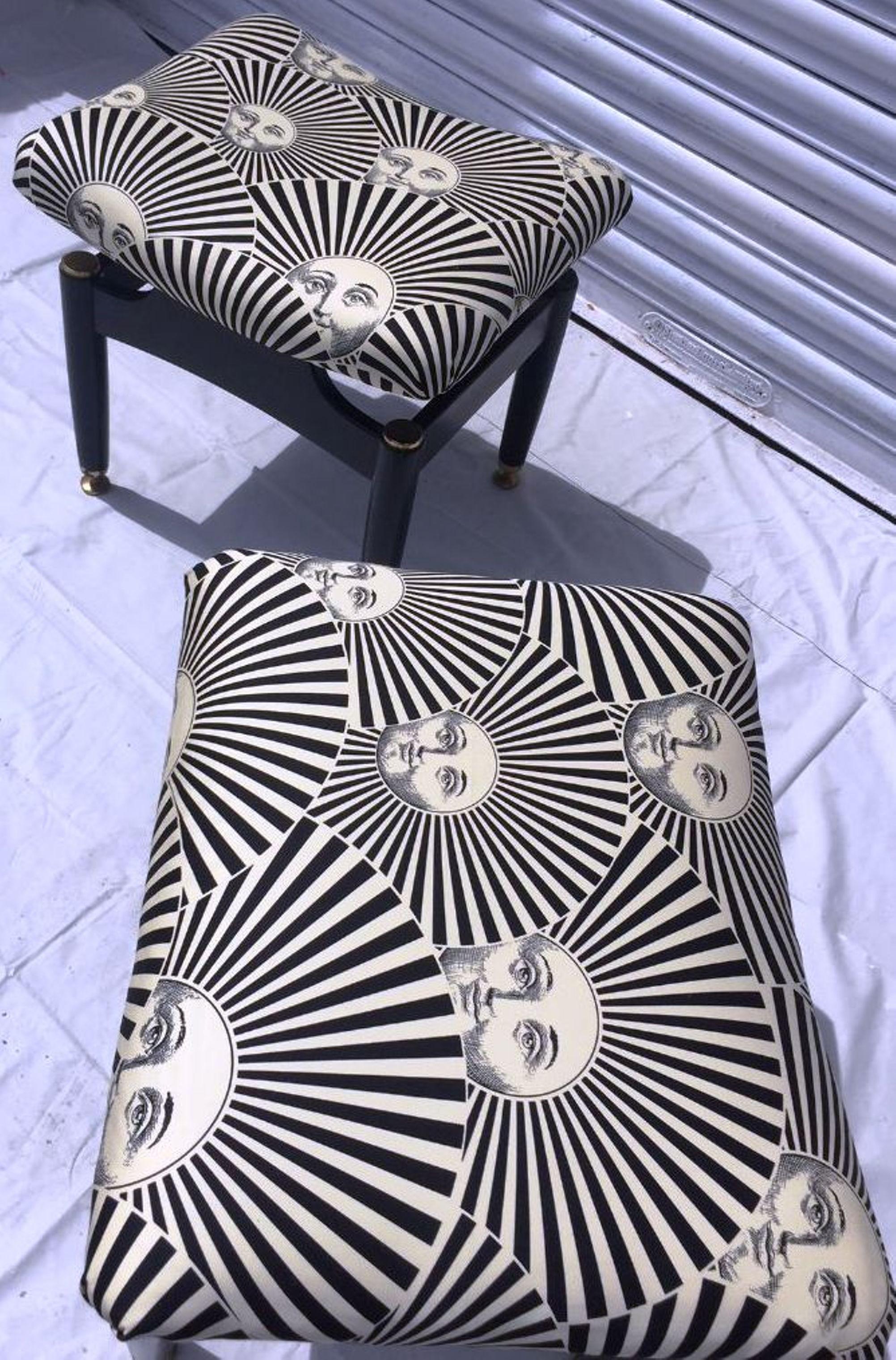 Wood Fantastic Pair of 1950s Stools Upholstered with Vintage Fornasetti Fabrics
