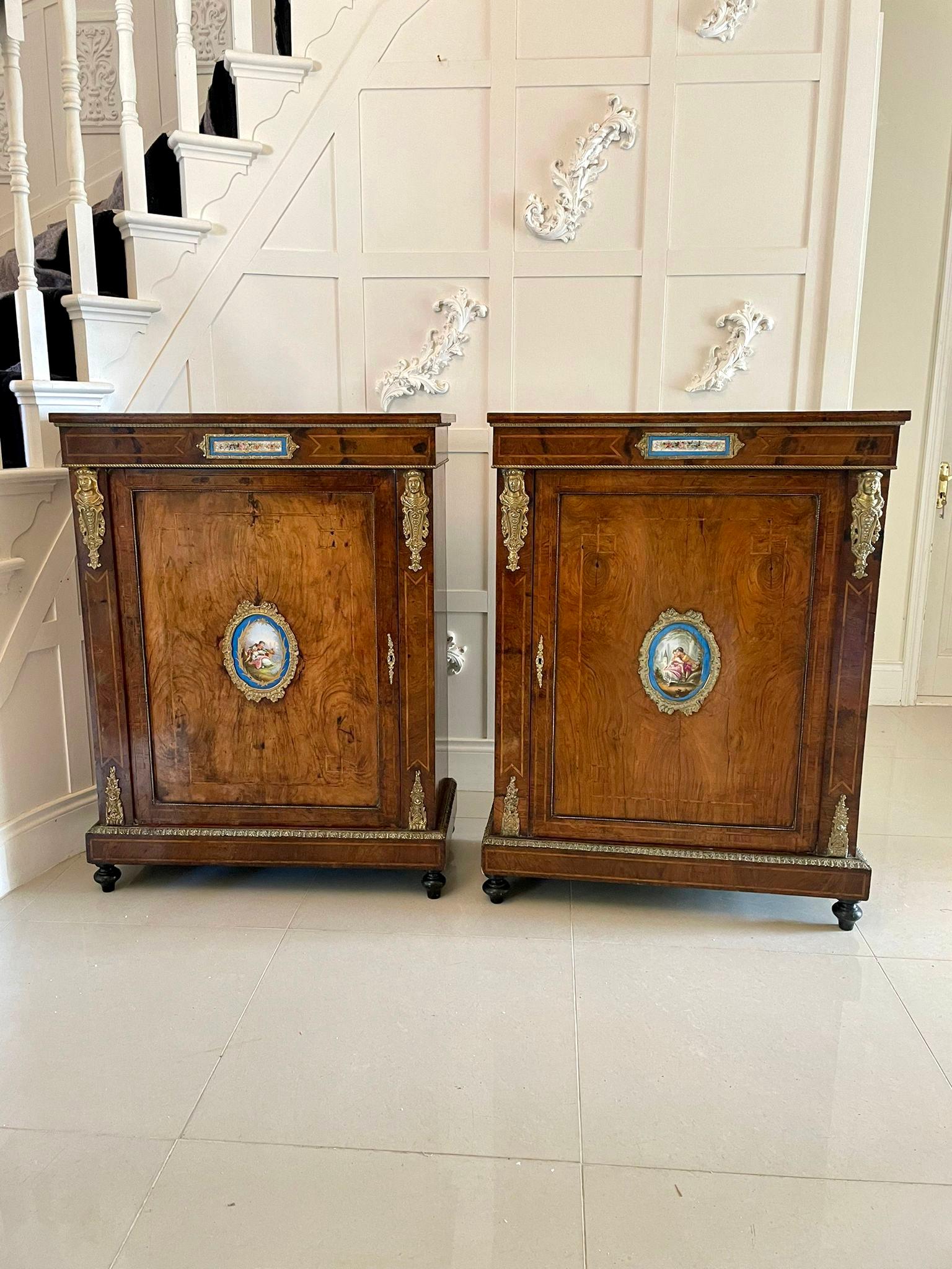 Fantastic Pair of Antique Inlaid Burr Walnut and Porcelain Mounted Pier Cabinets For Sale 4