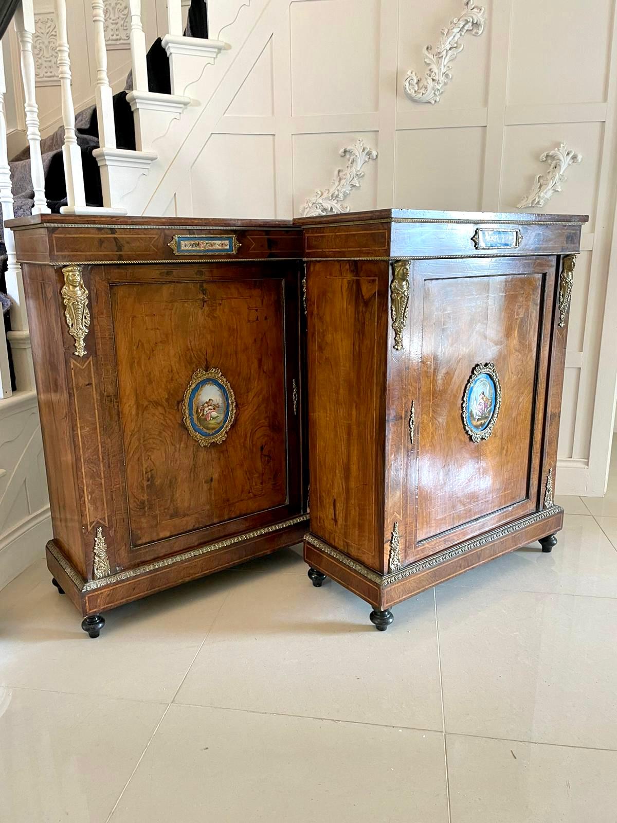 Fantastic Pair of Antique Inlaid Burr Walnut and Porcelain Mounted Pier Cabinets For Sale 5