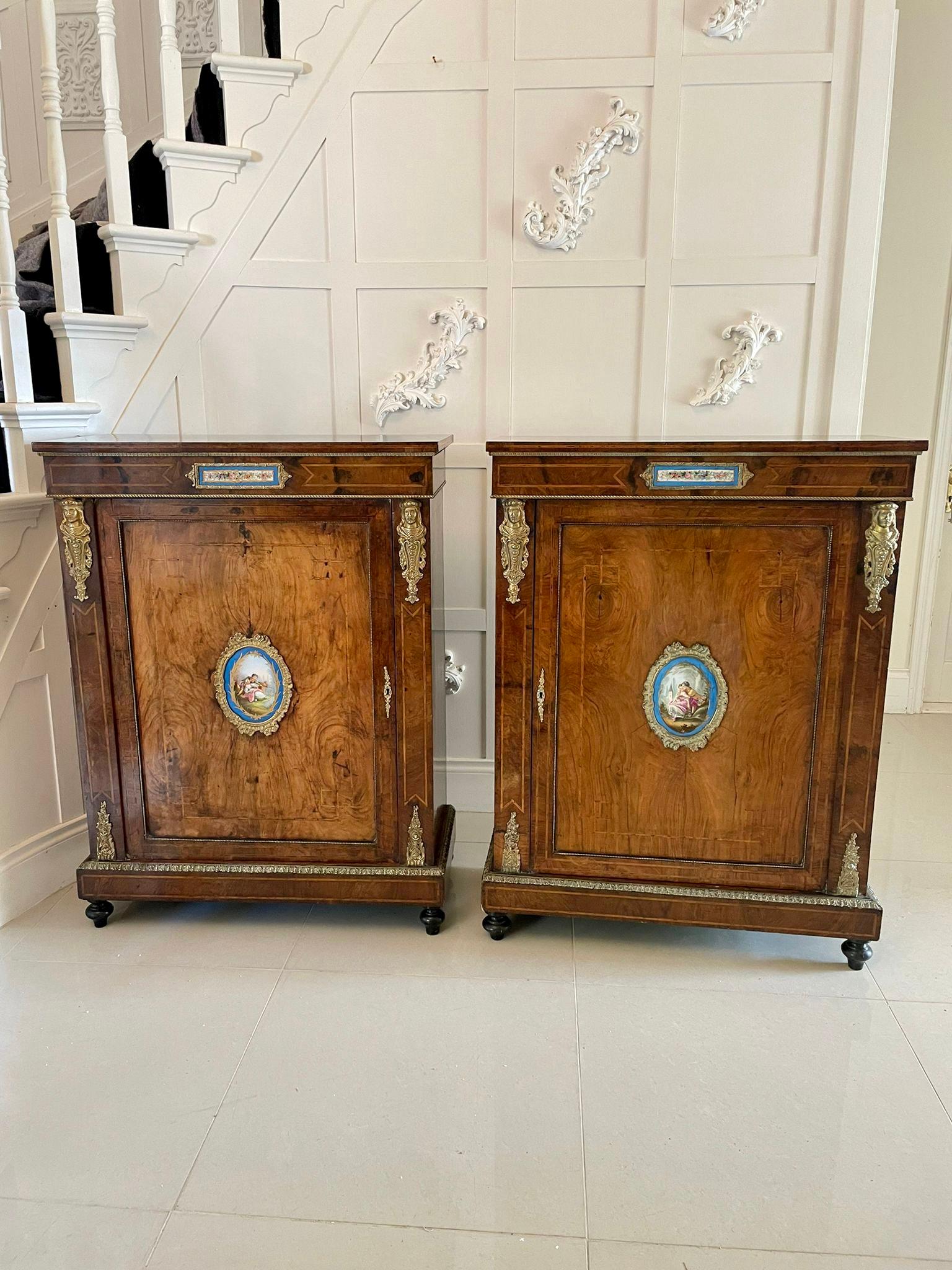 Fantastic Pair of Antique Inlaid Burr Walnut and Porcelain Mounted Pier Cabinets For Sale 7