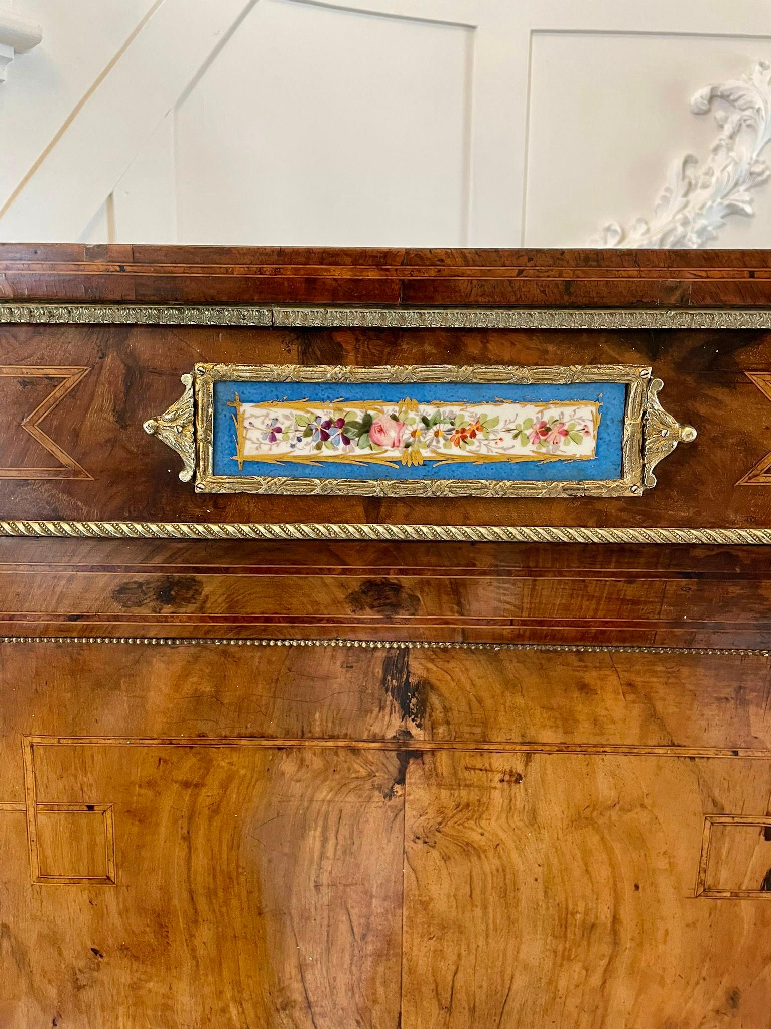 Fantastic Pair of Antique Inlaid Burr Walnut and Porcelain Mounted Pier Cabinets For Sale 13