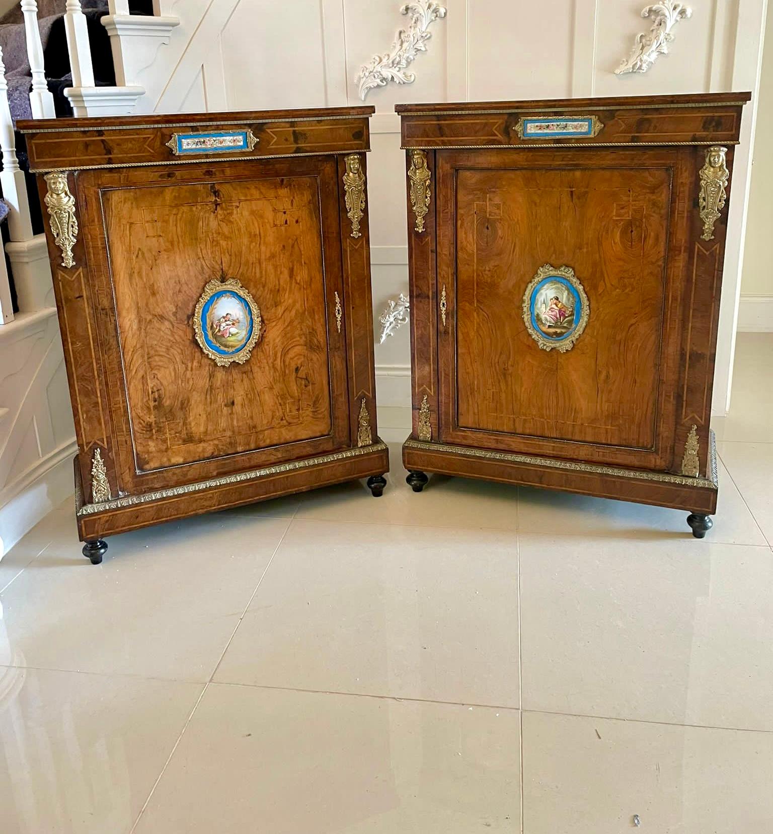 English Fantastic Pair of Antique Inlaid Burr Walnut and Porcelain Mounted Pier Cabinets For Sale