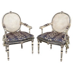 Fantastic Pair of Black and Creme Paint Decorated Distressed Louis XVI Armchairs
