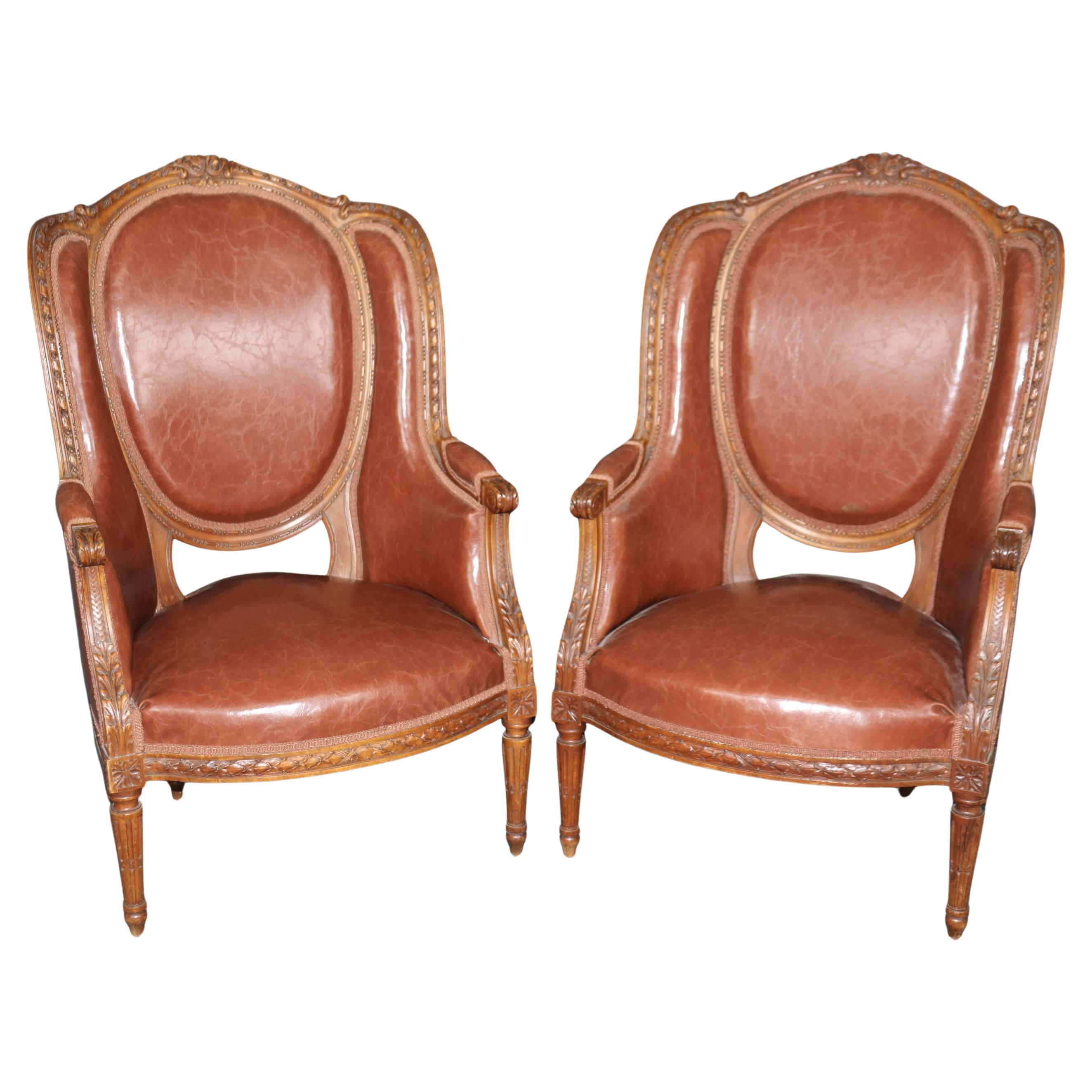 Fantastic Pair of Carved Walnut Antique French Bergere Parlor Chairs Circa 1900